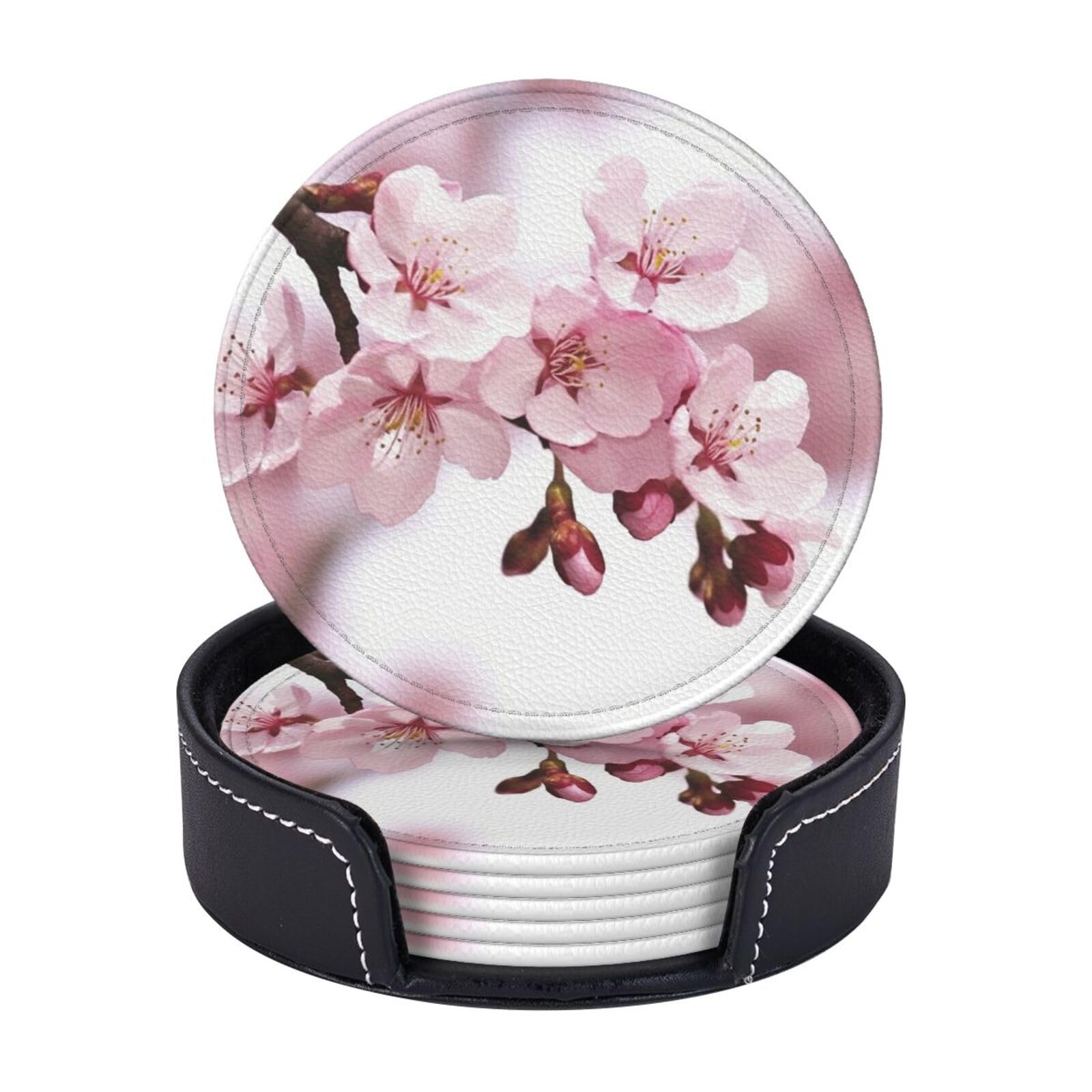 Round Coasters for Drinks Set of 6 - PU Leather Coasters with Holder - Modern Drink Coasters for Coffee Table - Cherry Blossom Coaster for Tabletop Protection 4" Cup Mat Pad