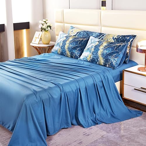 Miniatura 7 de PERFEMET Juego de edredón de 6 piezas tamaño Queen en una bolsa, juego de edredón azul y dorado, edredón de mármol acuarela con sábanas, suave,