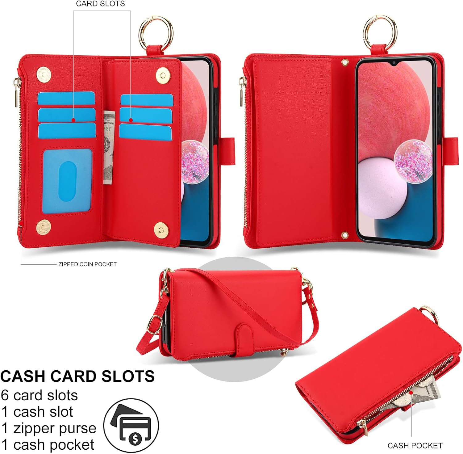 Asuwish Phone Case for Samsung Galaxy A13 5G Zipper Wallet with Tempered Glass Screen Protector Crossbody Strap Card Holder Cell Cover A04S M13 G5 A 13 2022 13A A135G SM A136U Women Girls Red