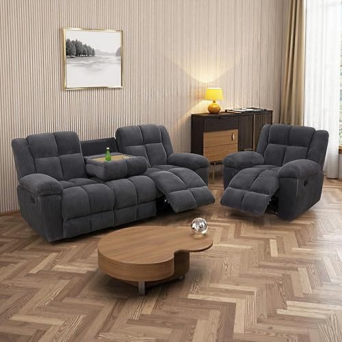 Miniatura 12 de Juego de sofá reclinable para muebles de sala de estar, juego de sofá y silla reclinable de pana verde, tela manual, sofá reclinable de 3 plazas con