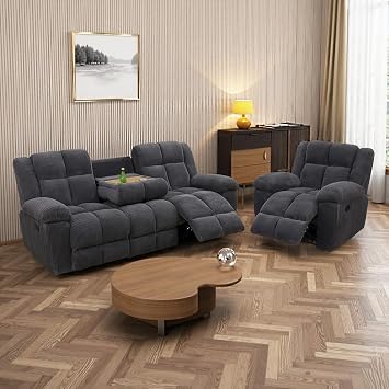 Manual Recliner Sofa Set for Living Room Furniture Sets,Corduroy Reclining Couch Set, Recliner Sofa and Chair Set with Drop Down Coffee Table&Cup Holders,Dark Grey