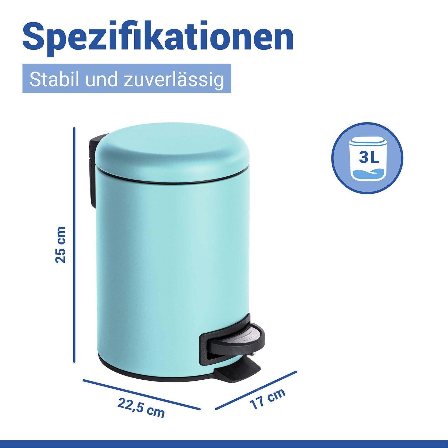 WENKO Kosmetikeimer 3 Liter, Stahl, herausnehmbarer Inneneimer mit Müllbeutelhalter, Mülleimer fürs Bad mit Deckel und Tretfunktion, ausklappbarer Tragegriff, Blau matt, Mod. Leman