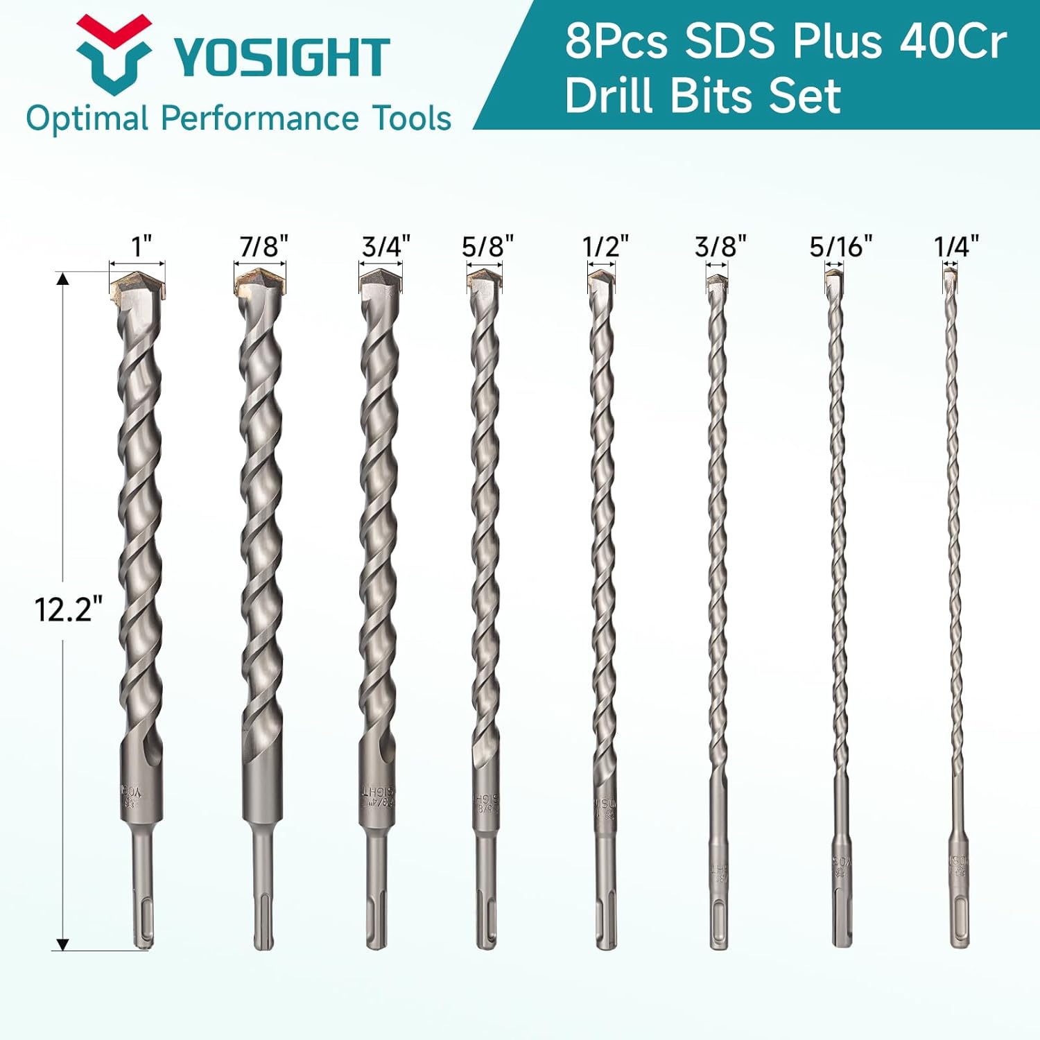 8 Pcs SDS Plus Concrete Drill Bit Set – 12 in. × (1/4", 5/16", 3/8", 1/2", 5/8", 3/4", 7/8", 1") Carbide Tipped Masonry Bits for Concrete, Brick, Stone