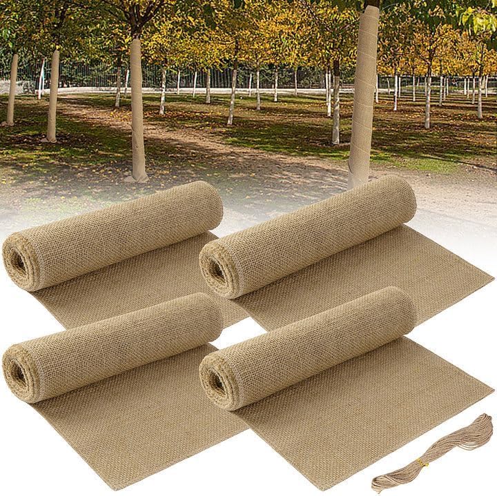4 Rolls Natural Burlap Tree Wrap Rolls- 25x300cm Burlap Fabric Tree Trunk Protector- Burlap Plants Wrap Bandage with Ropes- Frost & Freeze Protection Cloth for Winter Outdoor Trees, Shrubs, Plants