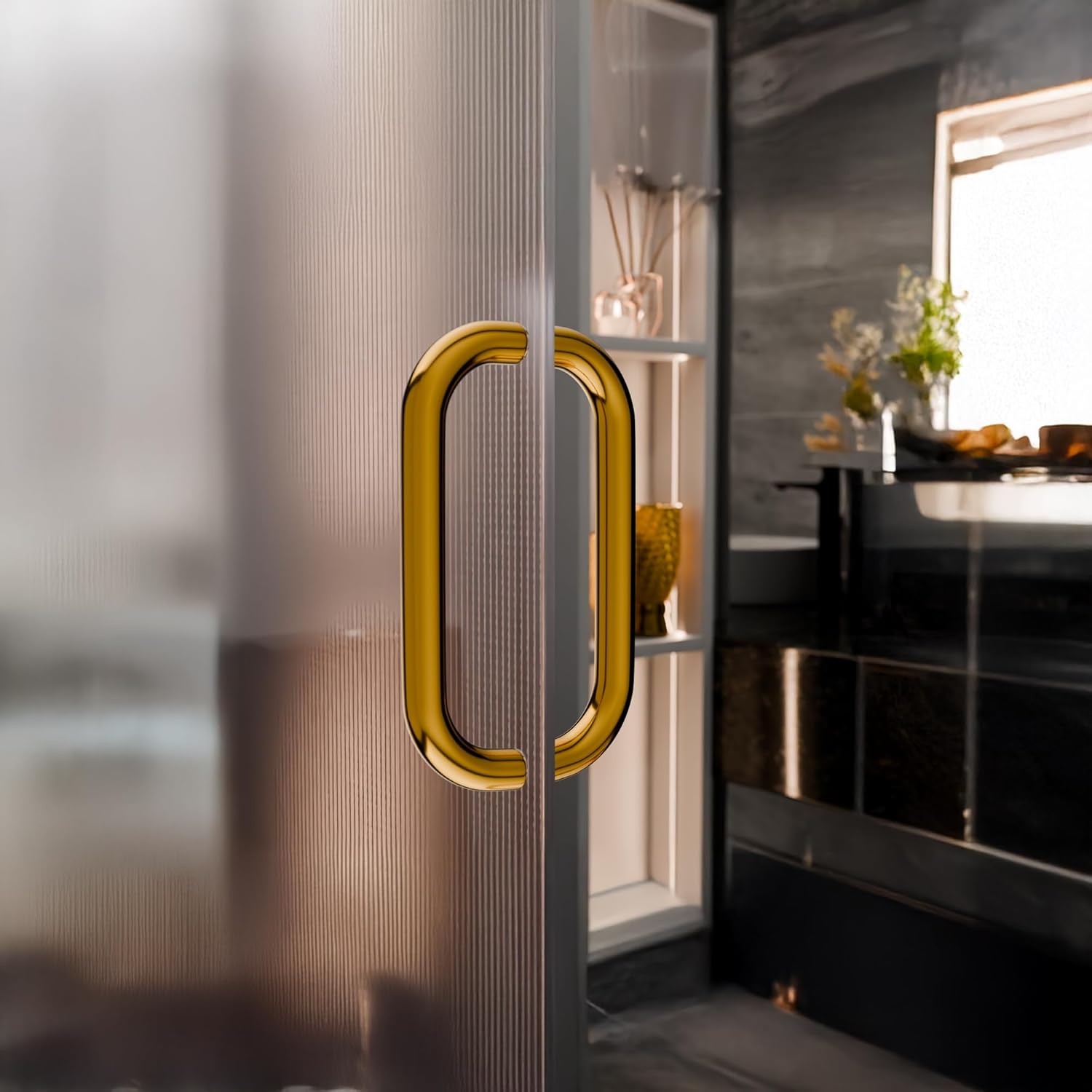 BRIXWELL Standard Tubular Shower Door Handle Back to Back Mount, 24K Gold Finish, Solid Brass Construction, 8" Center to Center, 1" Tube Diameter, 9" Length, Fits 3/16" to 1/2" Glass