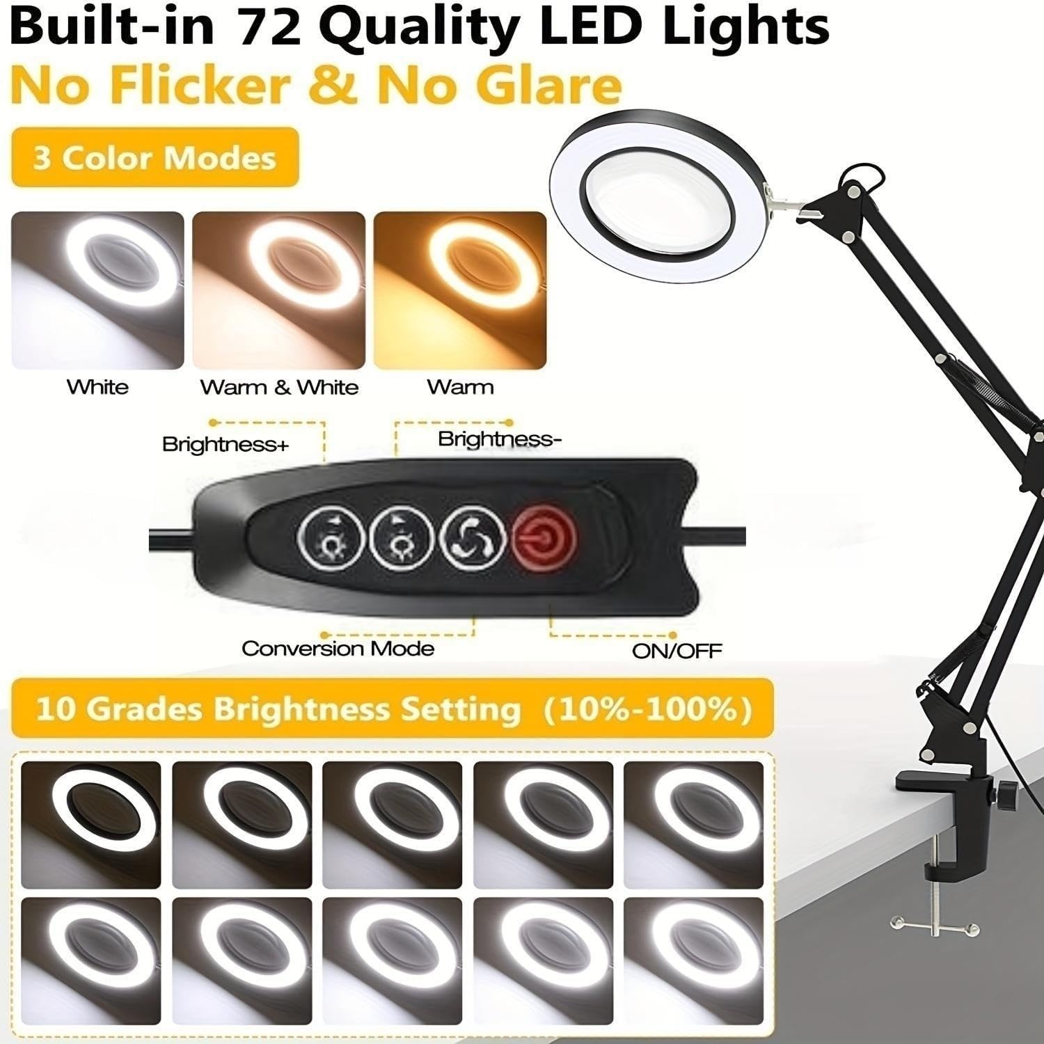 LED USB 10X Magnifying Desk Lamp with 3 Color Modes, 10 Level Dimmable and Flexible Gooseneck for Reading Craft Sewing Repair Close Work Beauty