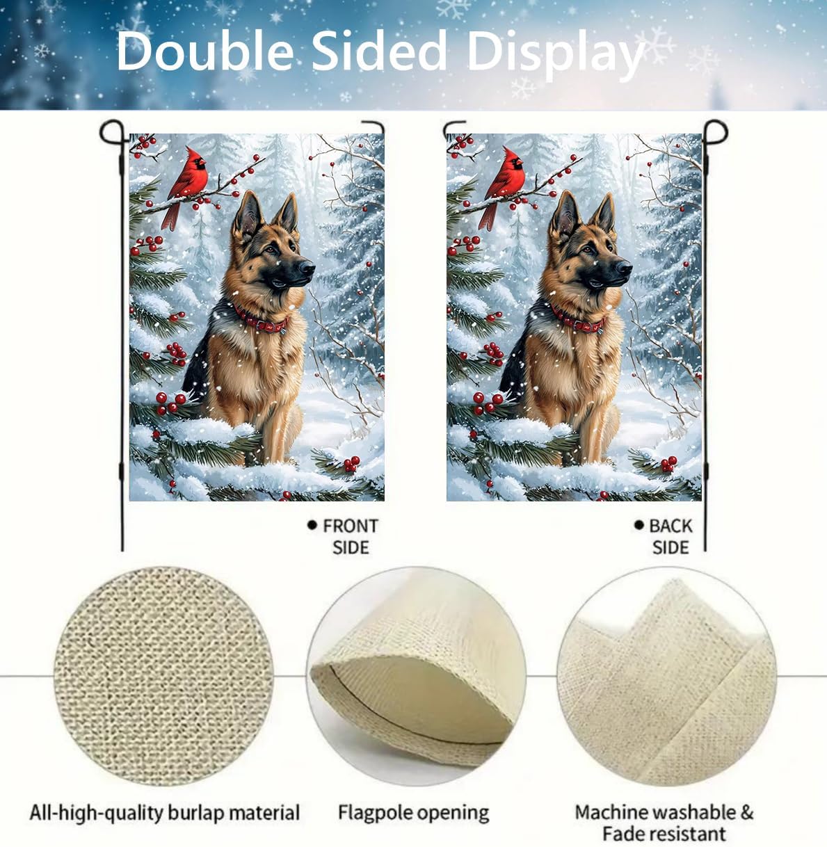 Hello Winter German Shepherd Snow Garden Flags 12x18 Double Sided for Outside, Small Burlap Dog Yard Flag Holiday Farmhouse Outdoor Lawn Front Porch Decorations for Dog Lover - Image 5