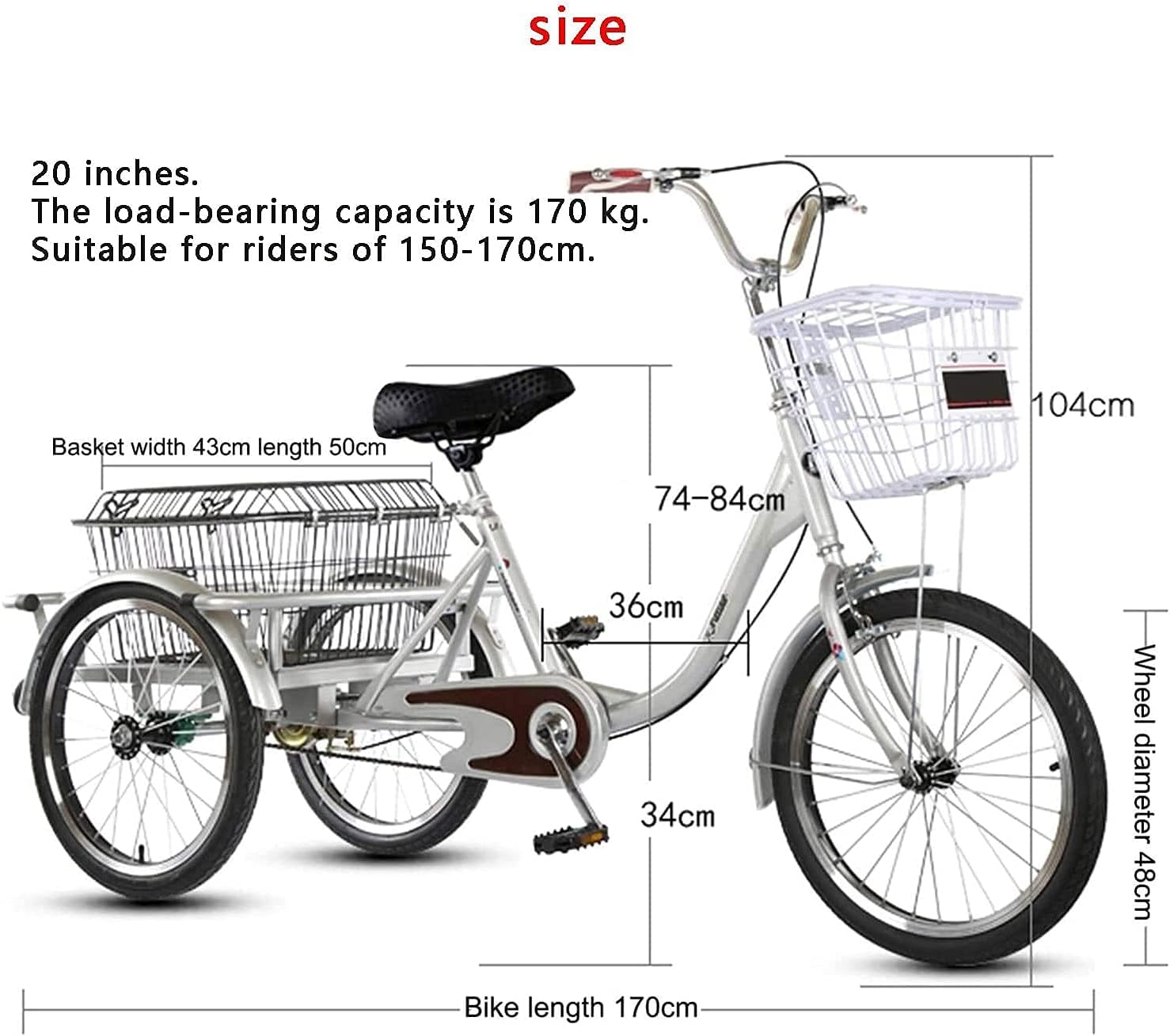 Comfort Three-Wheeled Bicycles for Seniors Adult Tricycle 20 Inch 3 Three Wheel Bike with Double Brake System Manpower Bicycles with Cargo Basket for Shopping