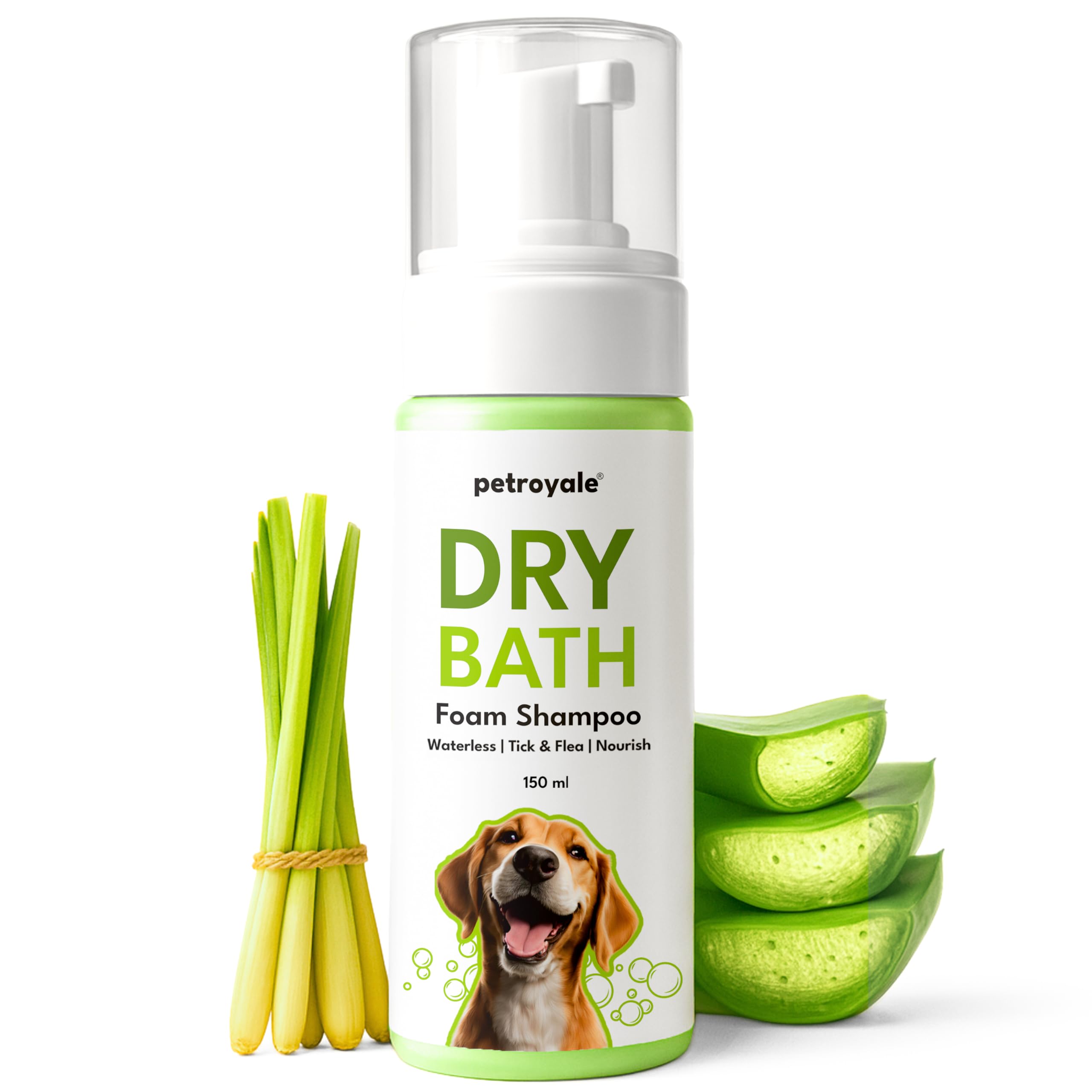 Petroyale Dry Bath Foam Shampoo for Dogs - Gentle and Natural Cleansing-Tick, Flea & Itch Relief - Waterless Foam Shampoo for Dog- with Lemongrass and Aloe Vera - for All Breeds | 150ml (Pack of 1)