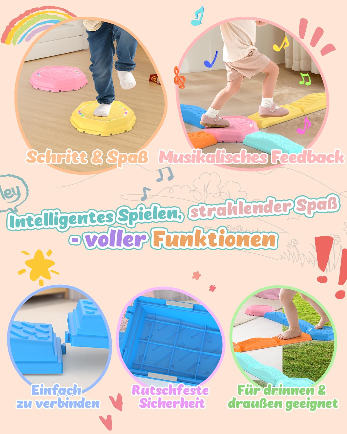 Holyton Balanciersteine für Kinder, LED Sprungsteine mit Musik & Licht, Reaktionsspiel mit 7 Tönen, Motorik & Koordination Training, Indoor Spielzeug mit 13 Teilen