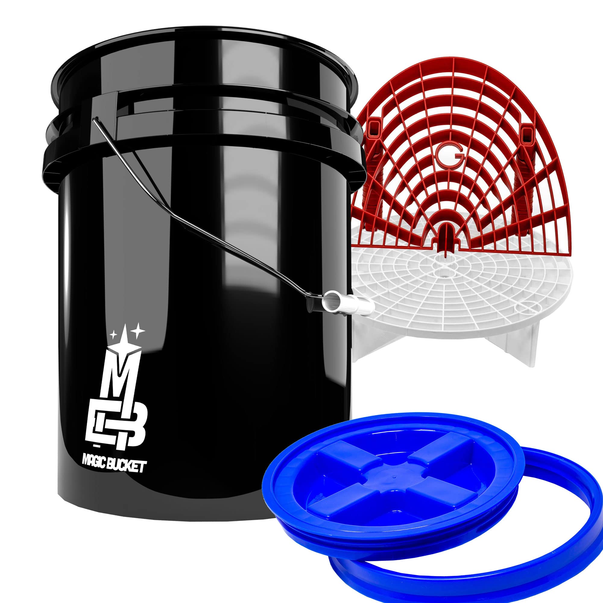 Detailmate professionelles Wasch Eimer Set: Magic Bucket Wascheimer 5 GAL (ca. 20 Liter), Gamma Seal Eimerdeckel blau, GritGuard Schmutz Einsatz weiß, GritGuard Washboard rot