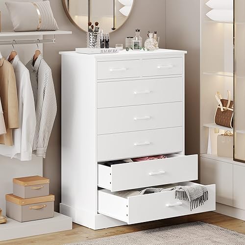 Miniatura 4 de Hasuit Cómoda blanca para dormitorio, cómoda alta de 7 cajones con base resistente, organizador de ropa con torre de almacenamiento de madera,