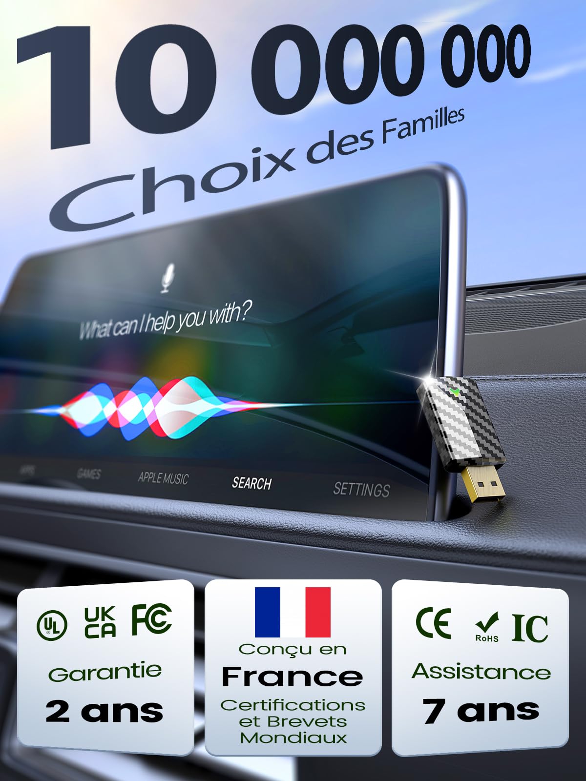 Mini Adaptateur CarPlay sans Fil & Android Auto sans Fil, Fibre de Carbone, Métal USB-A/C, Version Stable, Plug & Play, Voitures 2016+, Compatible avec Apple iPhone (iOS 10+) et Android 10+