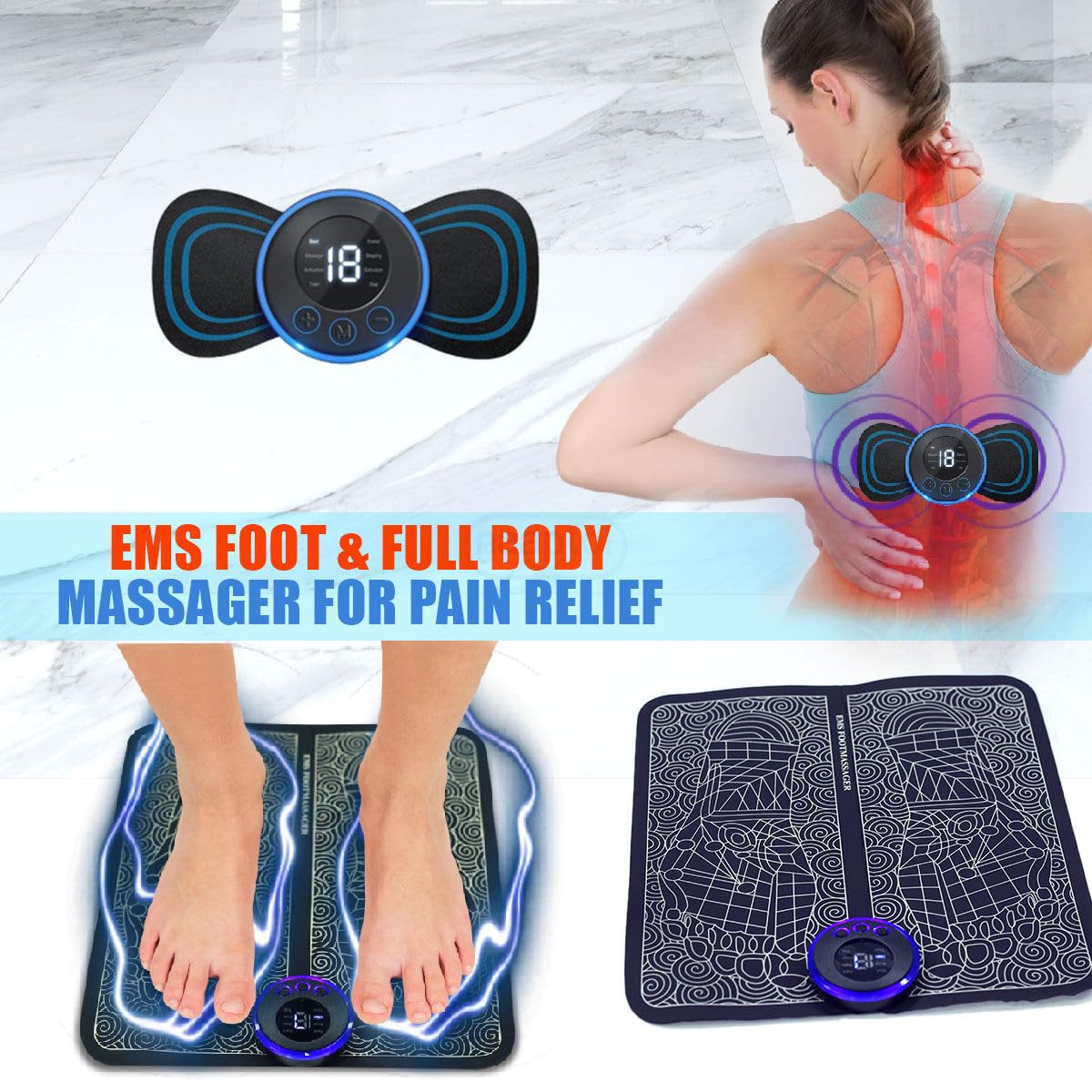 (Combo) Foot And body Massager Pain Relief Wireless Electric EMS Massage Machine,Rechargeable Portable Folding Automatic with 8 Mode19 Intensity for Legs,Body,Hand Therapy (Black) New Model - 2025 - Image 7 thumbnail