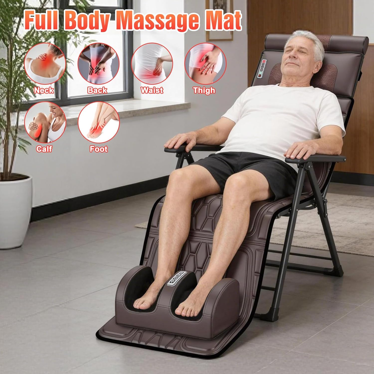 Full Body Massage Mat with Heat, 12 Vibration Nodes Massage Chair Pad with 3 Heating Levels, Multifunctional Full Body PU Seat Back Massager with Head Lumbar Foot Massage Pillow for Home Office