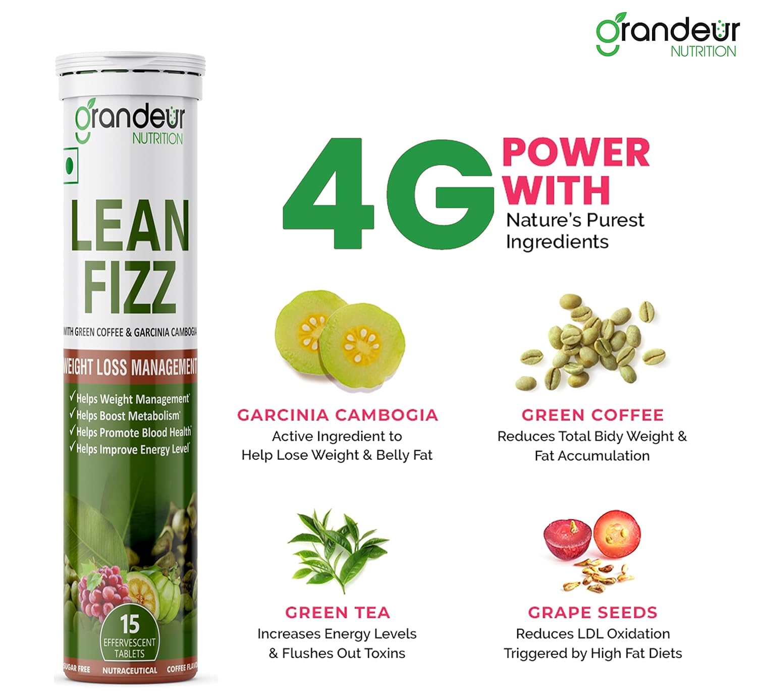 Grandeur Lean Fizz Effervescent tablets For Men & Women Infused With Garcinia Cambogia , Green Coffee , Grapeseed Extract And Green Tea for Weight Loss Management And Metabolism | Helps To Improve Energy And Burn Fat | Detox | 45 Tabs | PACK OF 3 Grandeur Lean Fizz Effervescent tablets For Men & Women Infused With Garcinia Cambogia , Green Coffee , Grapeseed Extract And Green Tea for Weight Loss Management And Metabolism | Helps To Improve Energy And Burn Fat | Detox | 45 Tabs | PACK OF 3