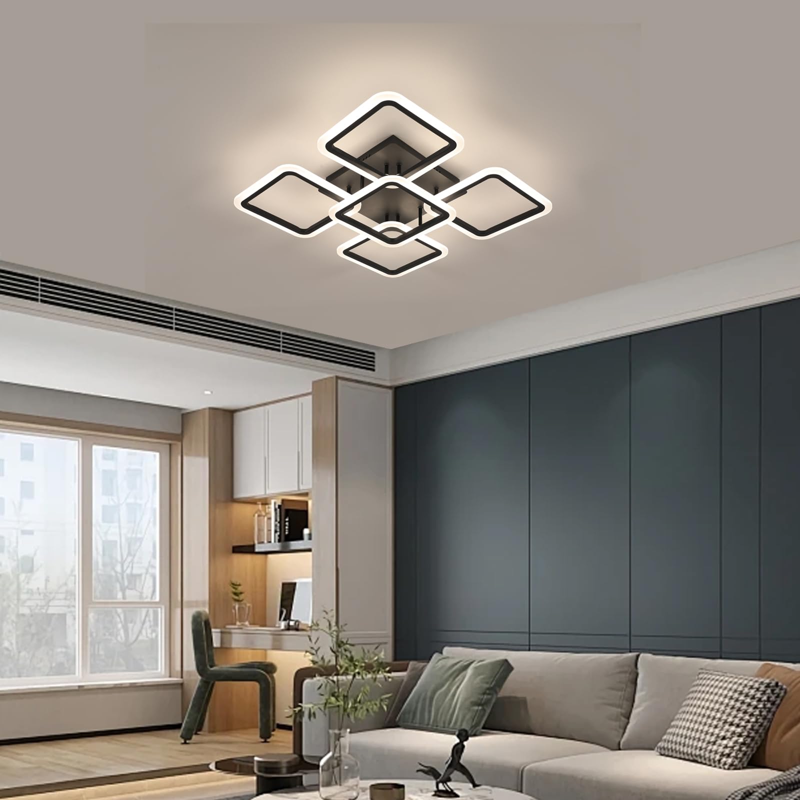 Comely Plafoniera LED Dimmerabile Nero 57W con Telecomando 3000K-6500K | Quadrato 6400LM Lampadario Soffitto Moderna per Soggiorno Camera da Letto Cucina