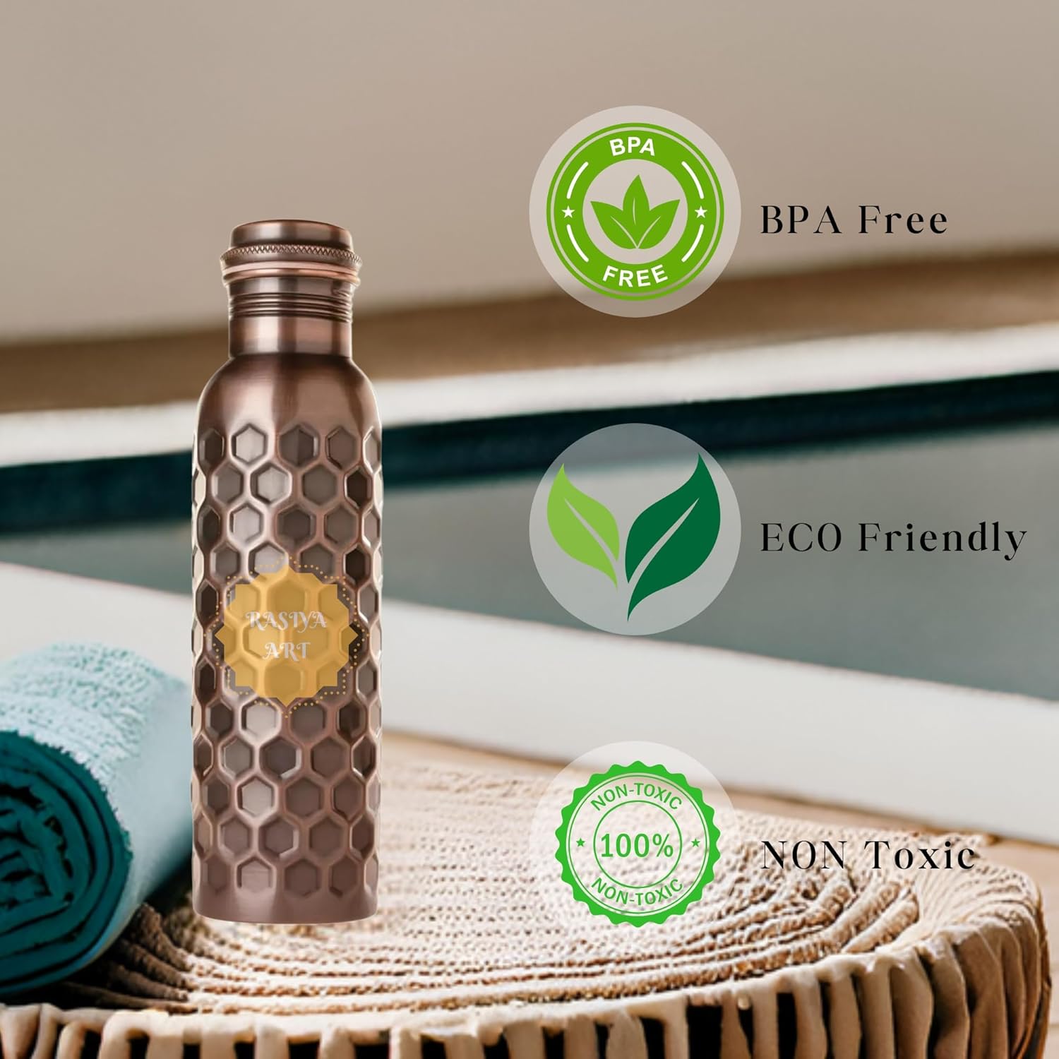 Pure Copper Water Bottle - 32 oz - BPA Free Non-Insulated Jointless Leakproof Durable Metal Bottles for Sports and Travel - Antique Diamond