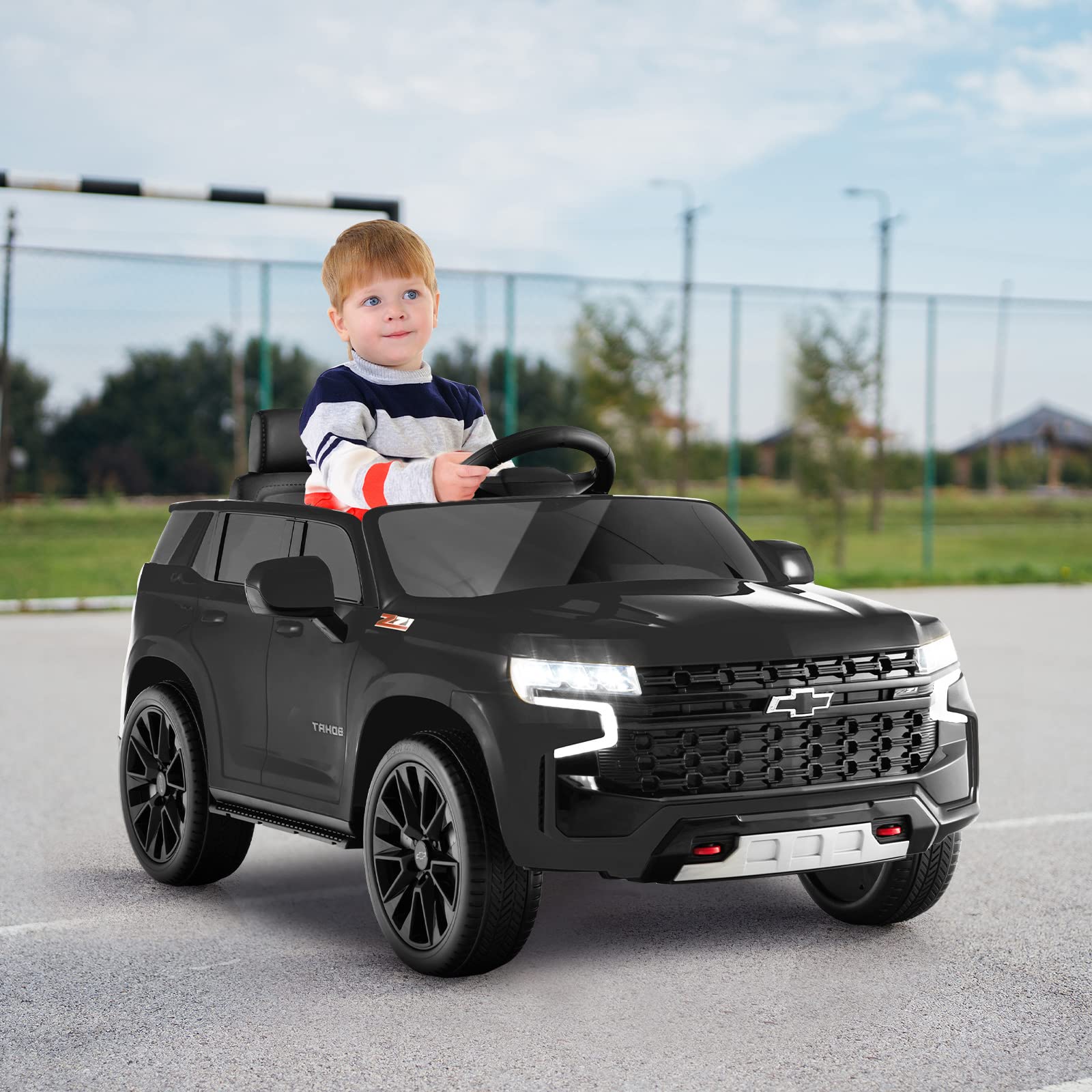 COSTWAY 12V Macchina Elettrica per Bambini Chevrolet, SUV Elettrica con Telecomando Luci Luminose e Musica, 3-3,5 km/h, Ideale per Bambini di 3-6 Anni (Nero)