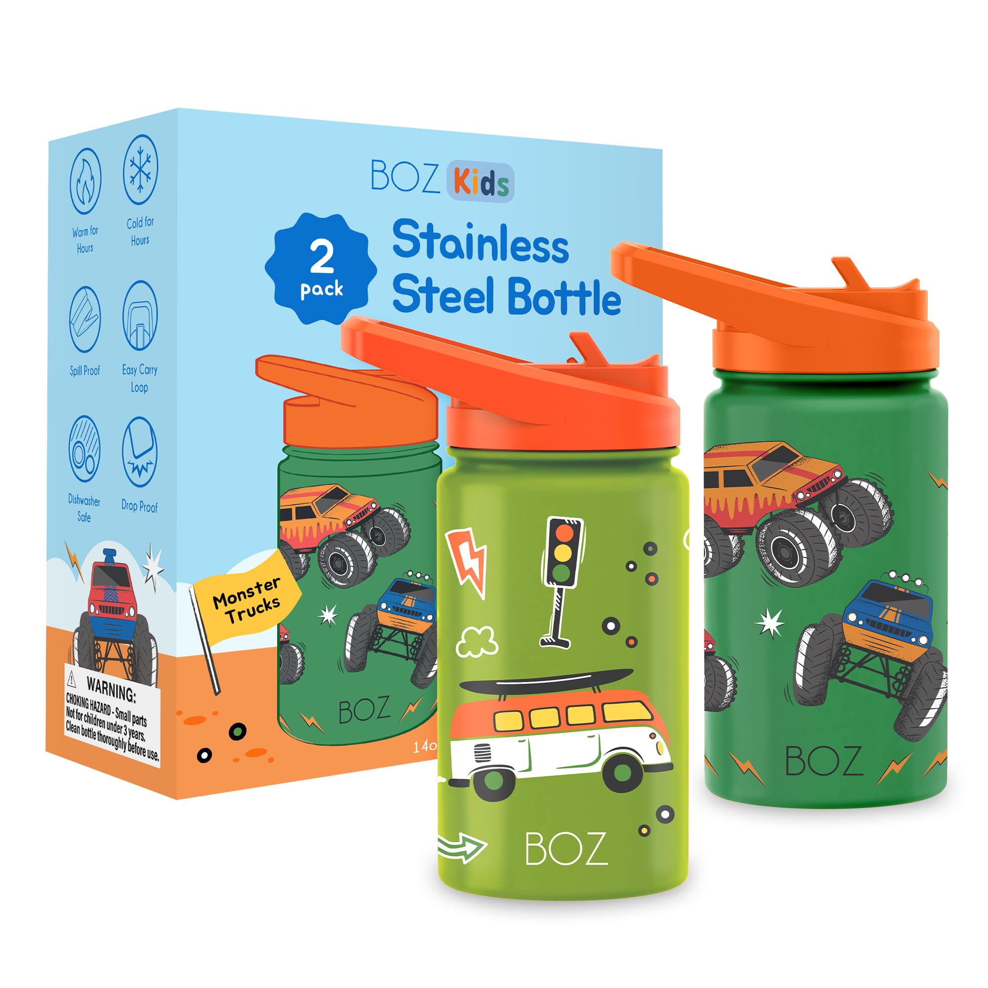 BOZ Kids Insulated Water Bottle 2-Pack, 14oz (414ml) (Cars/Monster Truck) — image 1