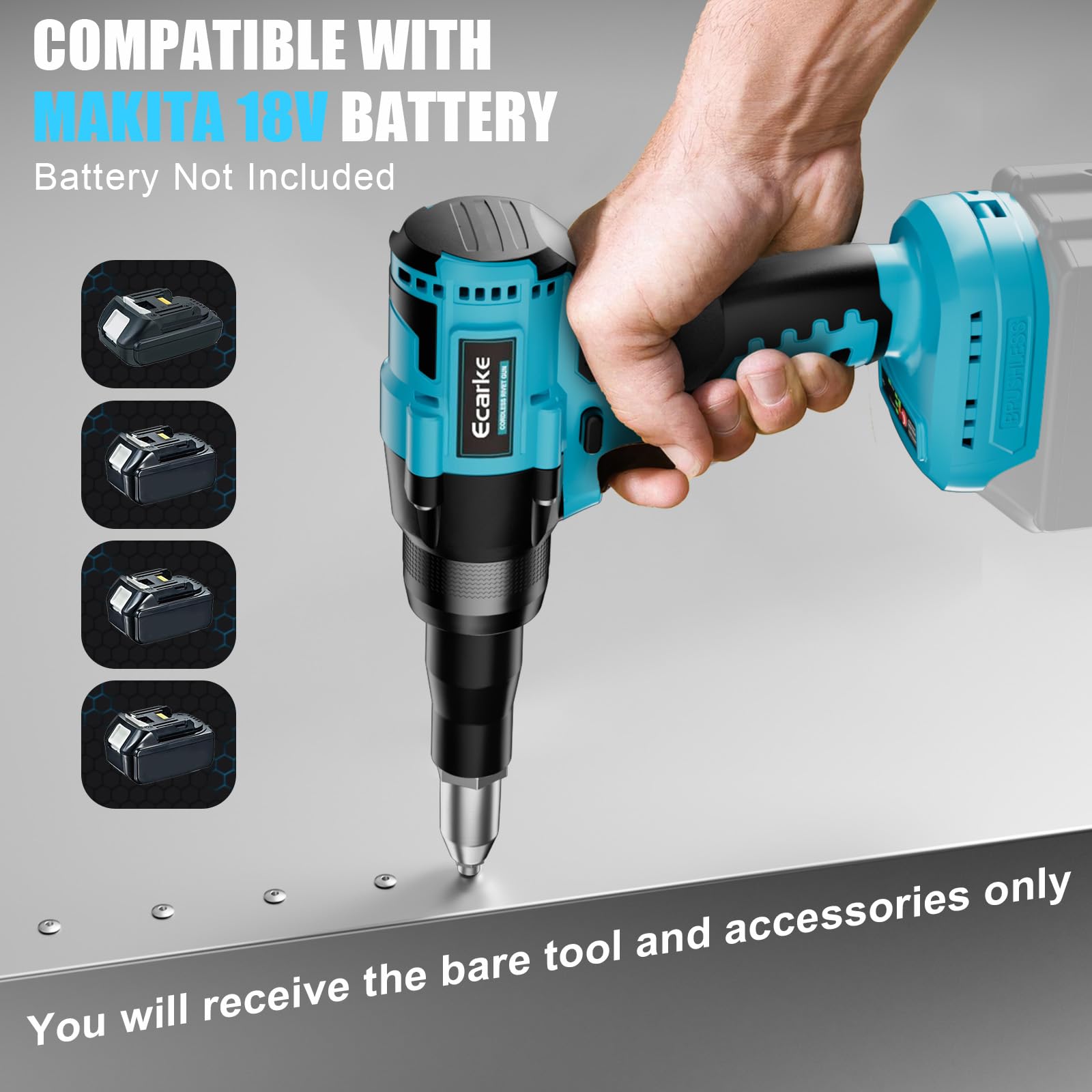 Ecarke Riveteuse sans fil pour Batterie Makita 18V Li-Ion, Brushless Motor avec 20 Rivets en Trois Tailles (3,2/4,0/4,8 mm) & Lumière LED, Idéale pour les Chantiers, Bricolage etc (Sans Batterie)