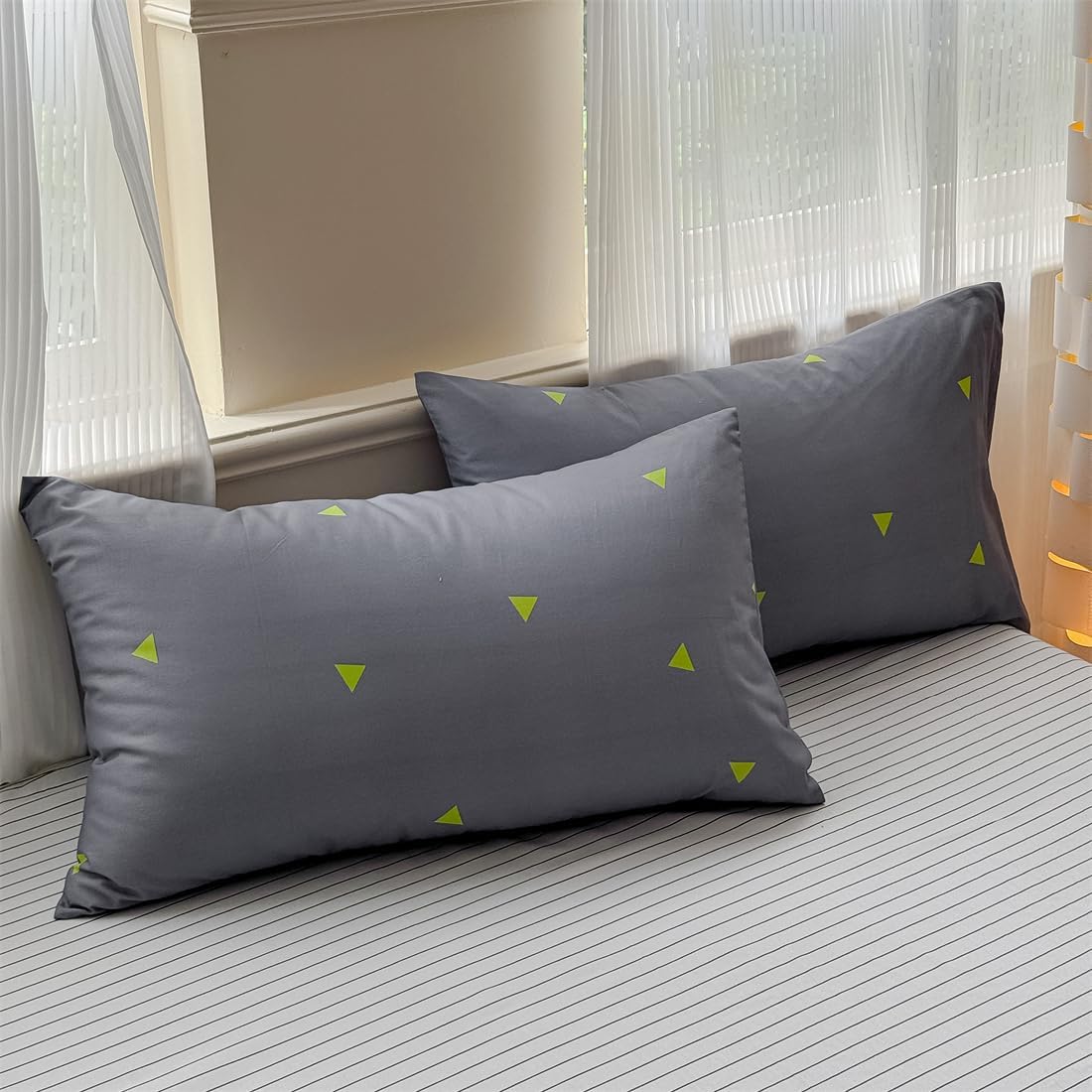 LIWHENHAO Triangles Duvet Cover Set Queen 100% Cotton Bedding Yellow Green Triangle on Gray Grey 1 Modern Abstract Geometric Comforter Cover Full 2 Pillowcases for Kids Girls Boys Woman
