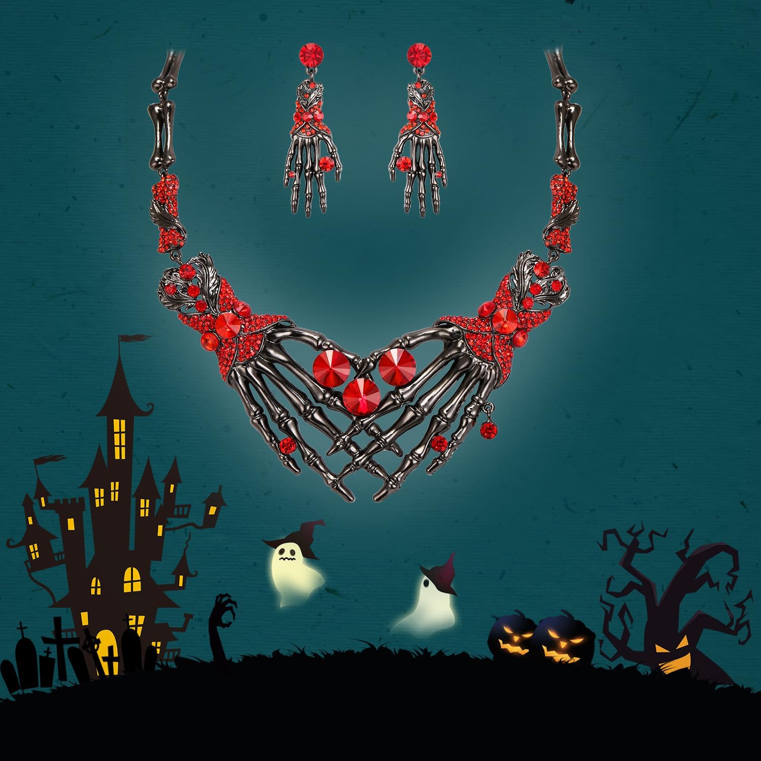 EVER FAITH Austrian Crystal Halloween Skeleton Hand Skull Necklace Earrings Set