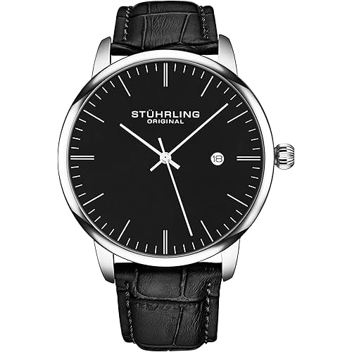 Stuhrling Original Men’s Watch Black Dial Dress Watch 40mm, Ultra Slim Mens Watch Black Leather Strap, Quartz Analog Men’s Wrist Watch, Classic Minimalist Watch for Men