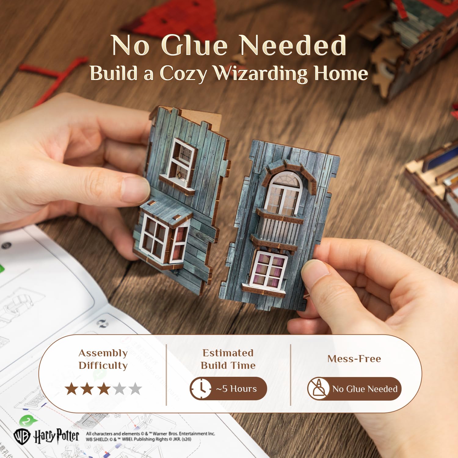 PUREMIND Harry Potter La Tana, Puzzle 3D in legno, casa Weasley senza colla | Licenza ufficiale, regalo Harry Potter, senza colla, porte apribili, 16 finestre, casa Weasley, pezzo da collezione, scaffale