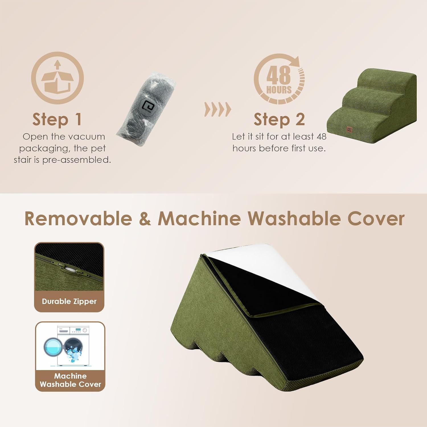 EHEYCIGA Curved Dog Stairs Ramp for Small Dogs 15.7" H, 3-Step Dog Steps for Couch Sofa and Chair, Pet Stairs for Cats, Non-Slip Balanced Pet Steps Indoor, Olive Green