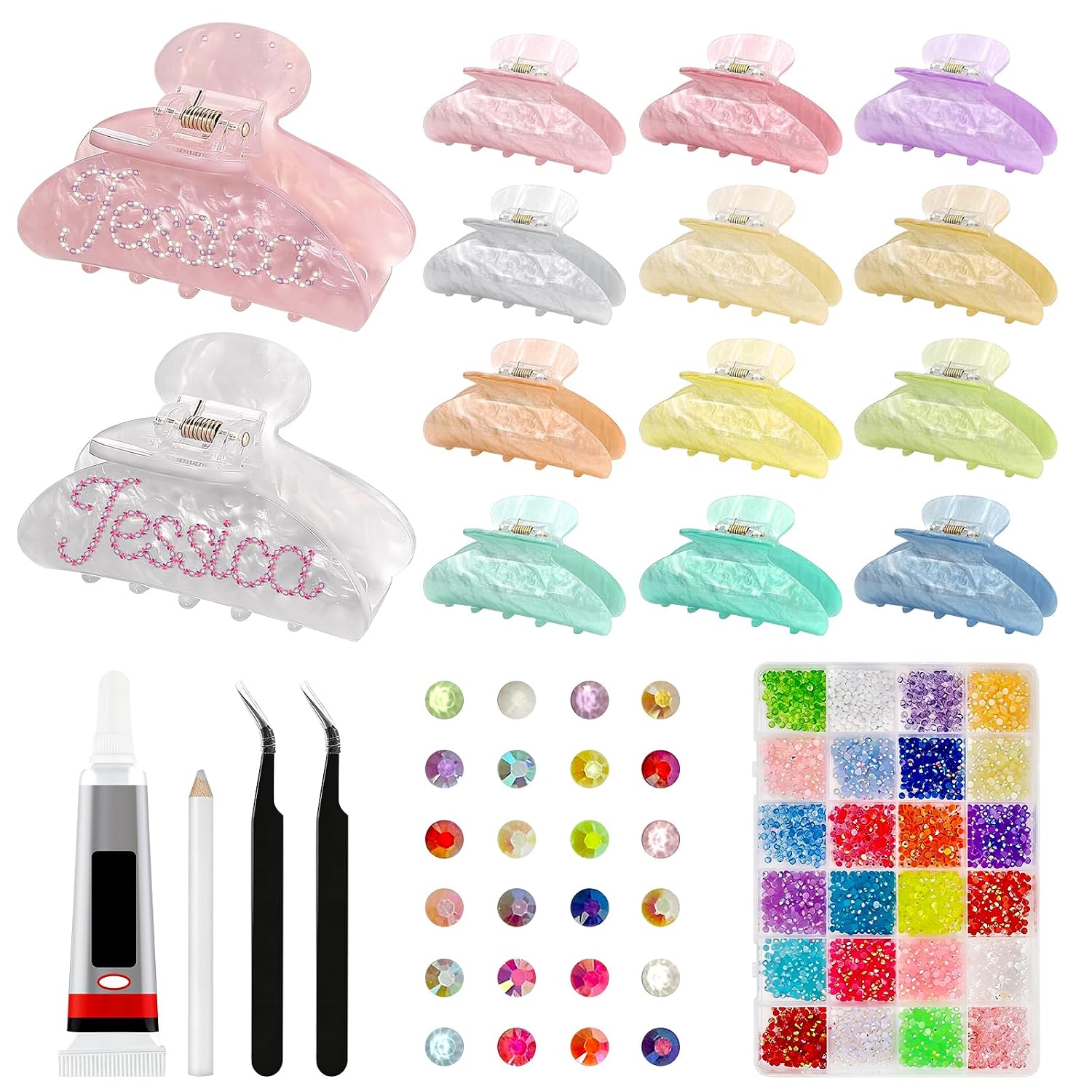 12 Pcs Diy Acrylic Hair Clips, Claw Clips to Bedazzle, Claw Clip Decorating Kit Includes Glue, 2 Tweezers, and a Pen for Parties, Wedding, Crafting & Events (Diamond Set Version)