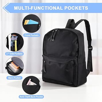 Black Backpack Unisex, Waterproof School Bag for Teenager, Lightweight College Bag for Women & Men, Large Capacity Black Rucksack School for Travelling Commuting