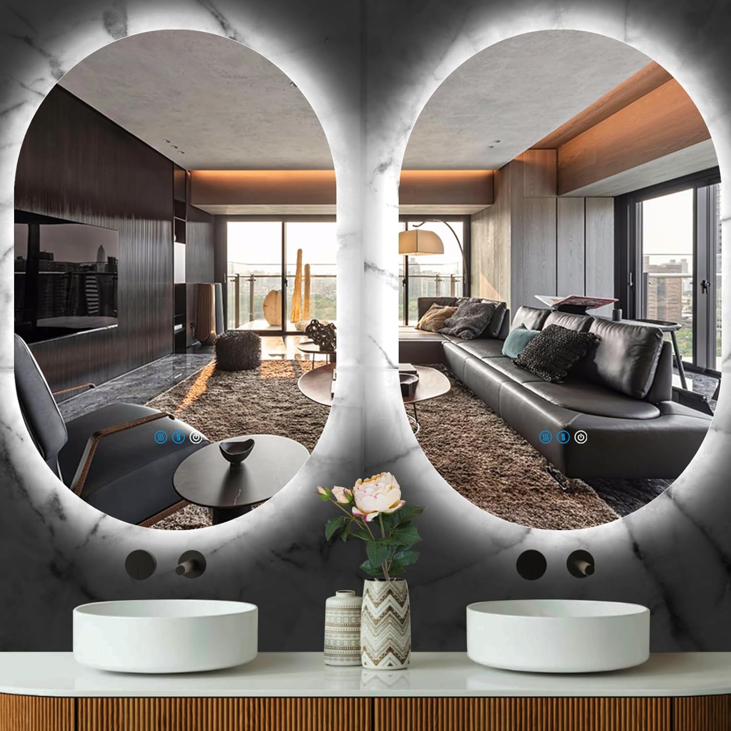 THEKLA LED Oval Backlit Mirror for Bathroom Wall Vertical Horizontal Mount Makeup 16 x 24 inch Frameless Backlight Oval Lighted Vanity Mirror with Lights Smart Memory 3 Color Backlit Dimmable Anti-Fog