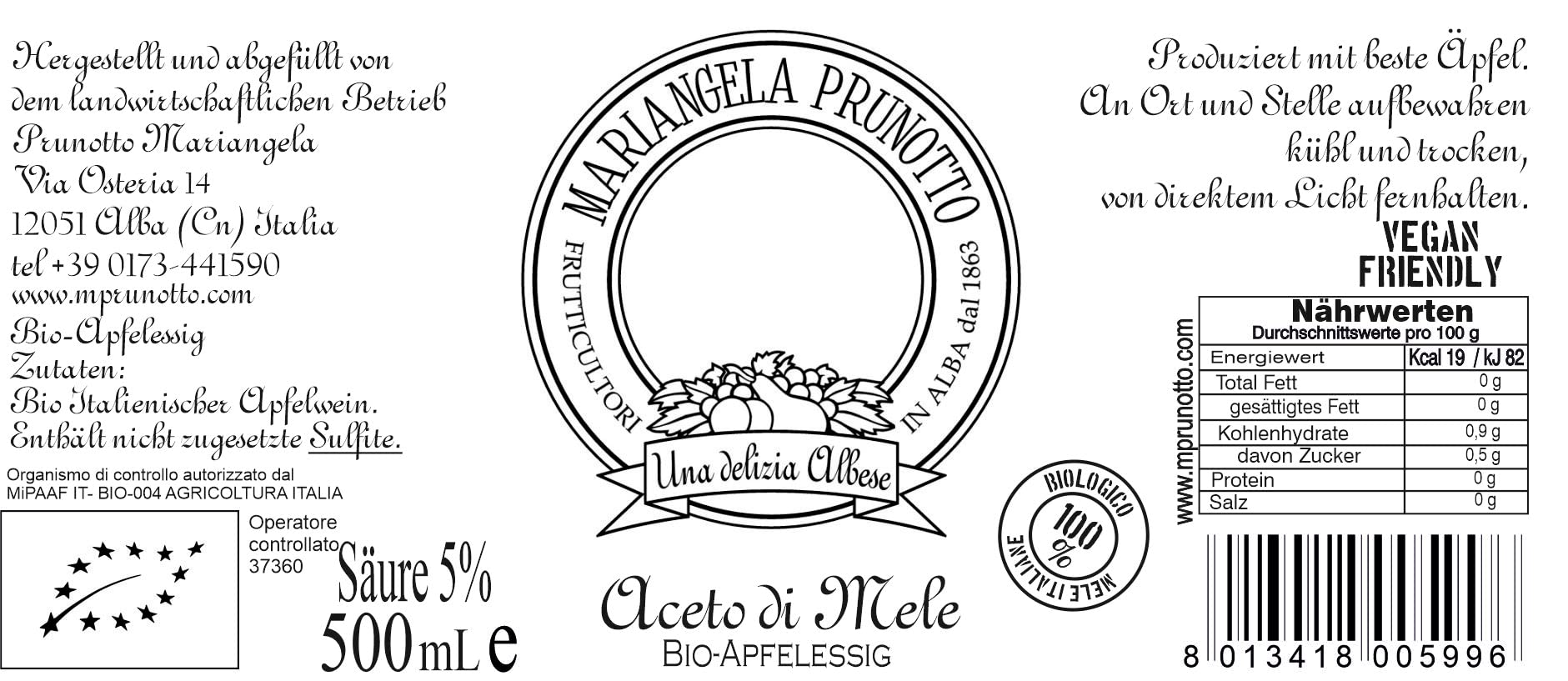 Azienda Agricola Prunotto Mariangela - 6 Bottiglie Aceto di Mele Biologico, Integrale, Non Filtrato, Non Pastorizzato, Con Madre, 500 ml (6x500g)