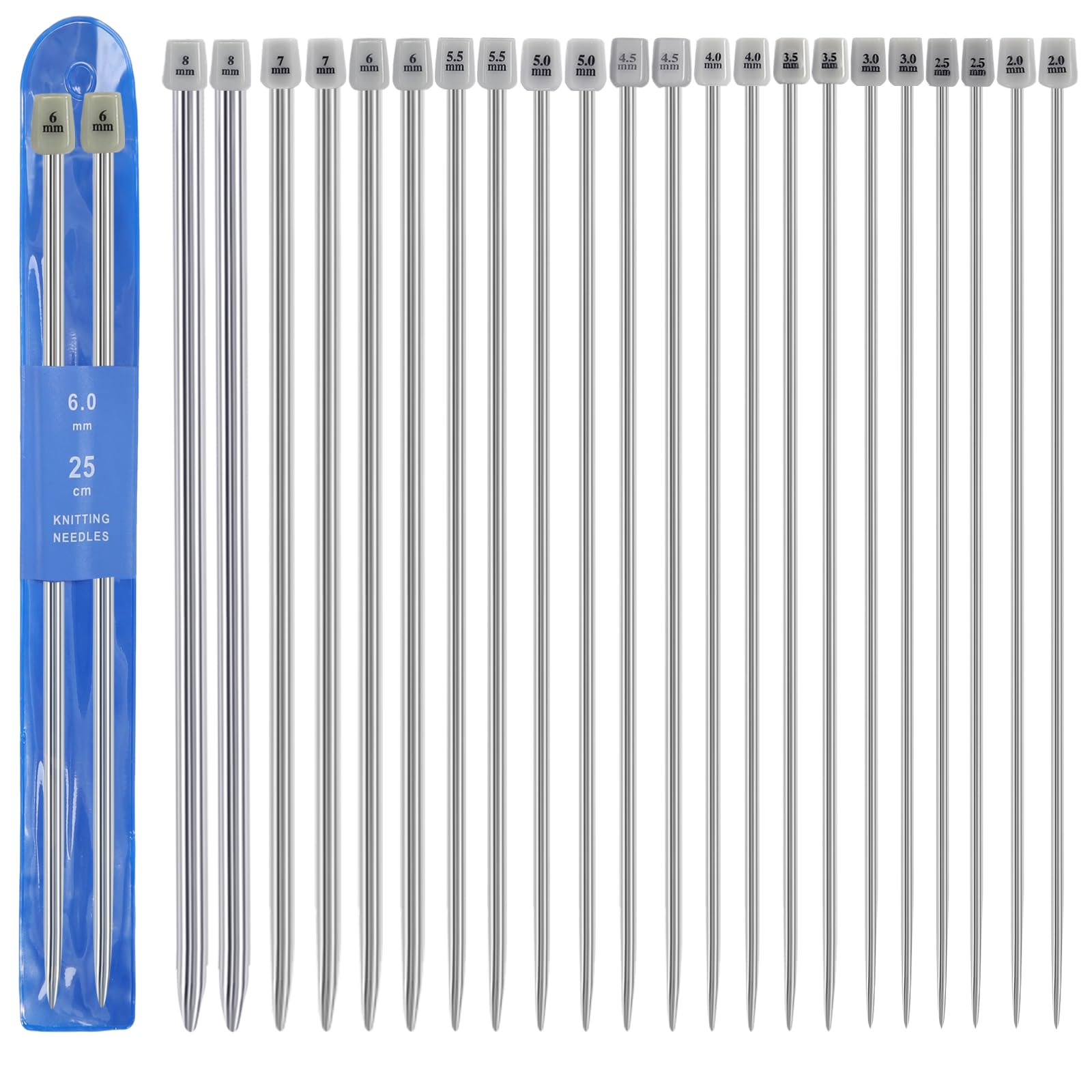 Knitting Needle Set 22 Pcs Knitting Needles Set 25cm Long Knitting Needles Metal Single Pointed Needle for Beginners Professional Handmade DIY (11 Sizes)