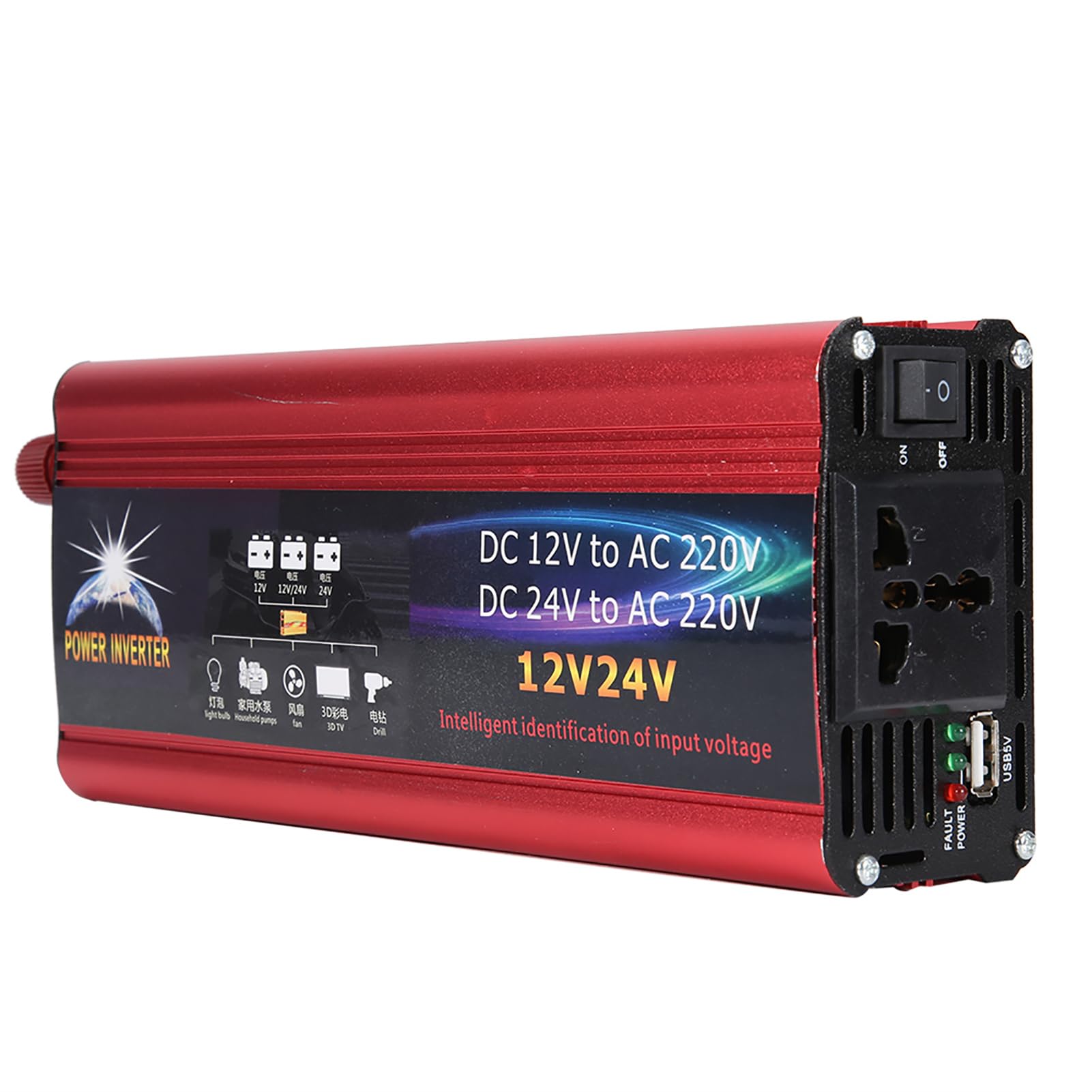 Inversor 2000W 12V/24V a 220V, Convertidor de Corriente para Coche, Inversor Solar de Onda Sinusoidal Pura para Autocaravana, Furgoneta, Barco