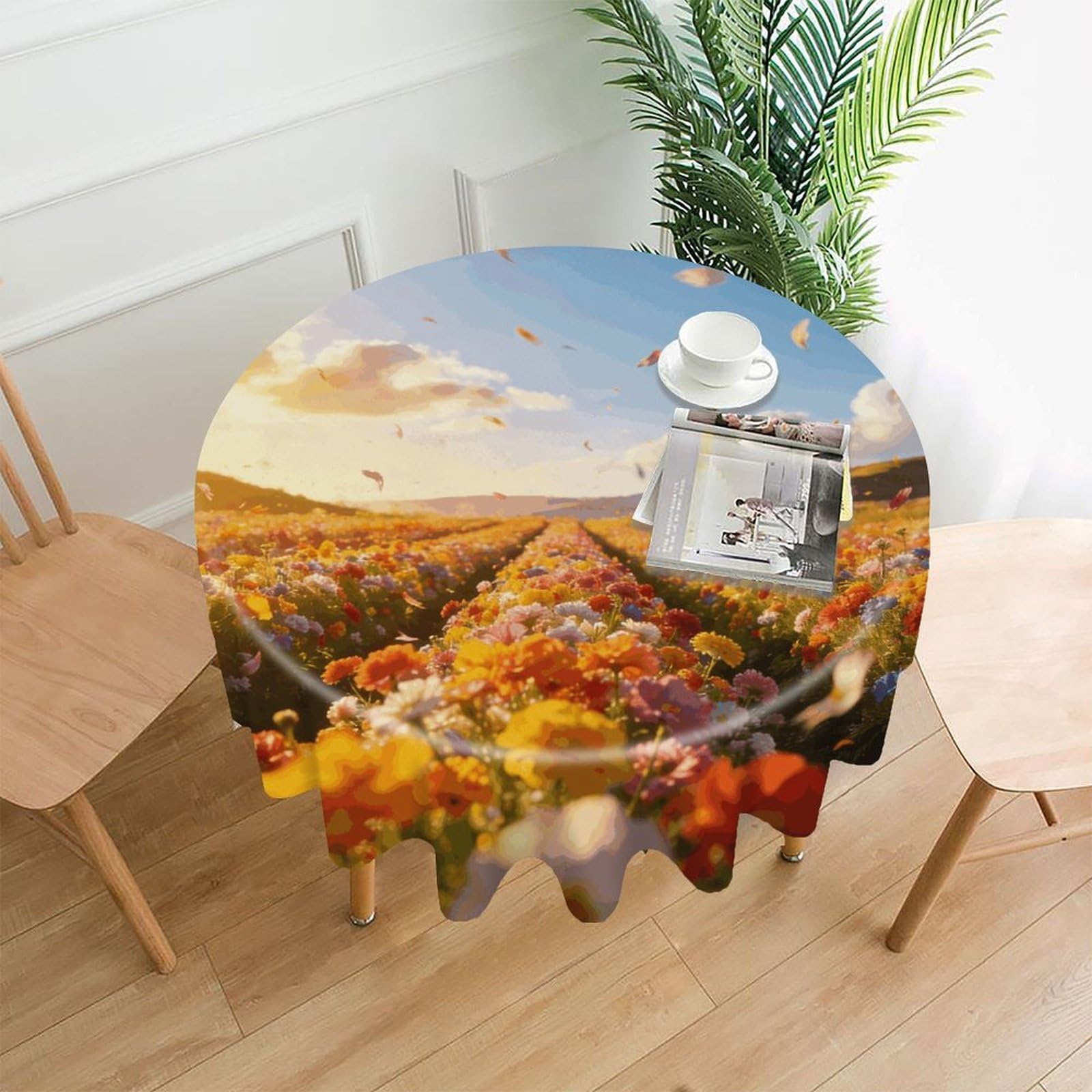 LZQPOEAS Spectacular Flower Field Scenery Tablecloth Easy to Clean Polyester Round Table Cover Washable Round Table Cloth Wrinkle-Free Circle Decoration Tablecloth for Kitchen and Dining Room 60"