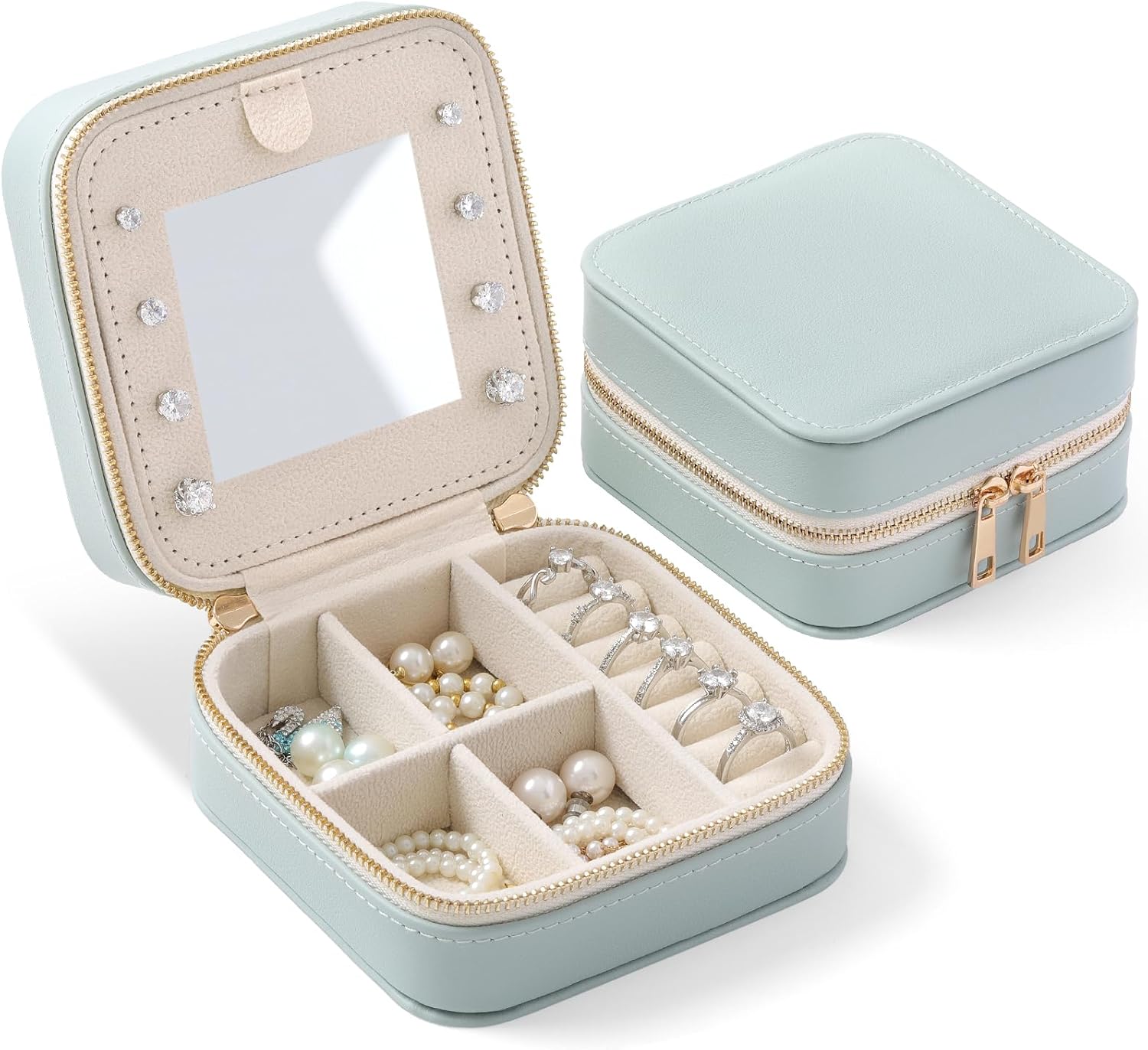 Genuine Leather Travel Jewelry Organizer Case with Mirror for Women, Small Mini Portable Jewelry Box for Ring Earrings Necklace Bracelet Luxury Gift for Women(Cyan)