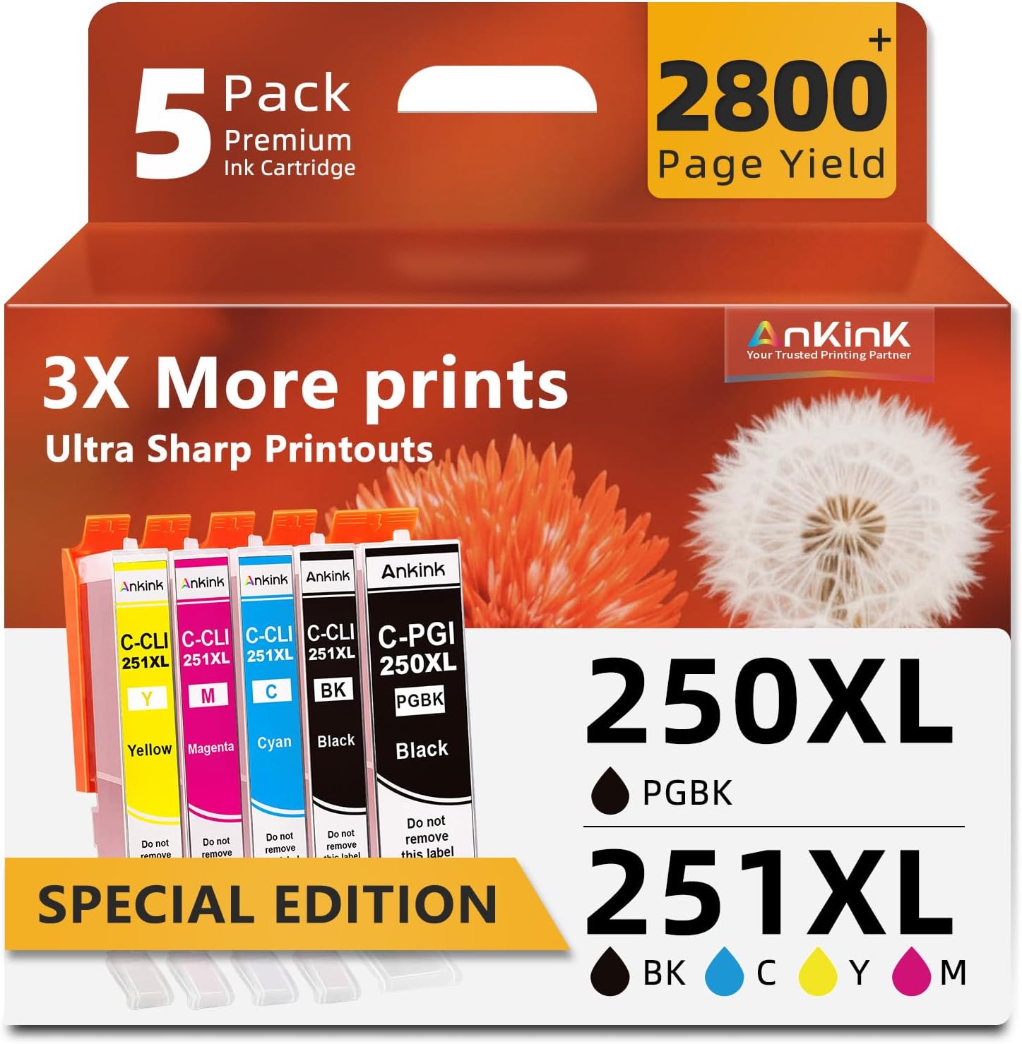 PGI-250XL CLI-251XL Ink Cartridge Replacement for Canon Printer MX922 IP8720 IX6820 MX920 MG7520 MG6620 MG5500 MG5520 MG7120 IP7220 MG5620 for Cannon 250 251 XL PGI250 CLI251(PGBK Black Color) 5-Pack