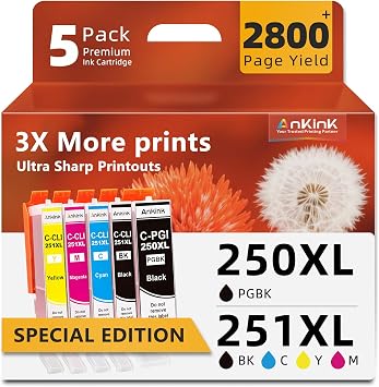 PGI-250XL CLI-251XL Ink Cartridge Replacement for Canon Printer MX922 IP8720 IX6820 MX920 MG7520 MG6620 MG5500 MG5520 MG7120 IP7220 MG5620 for Cannon 250 251 XL PGI250 CLI251PGBK Black Color 5-Pack