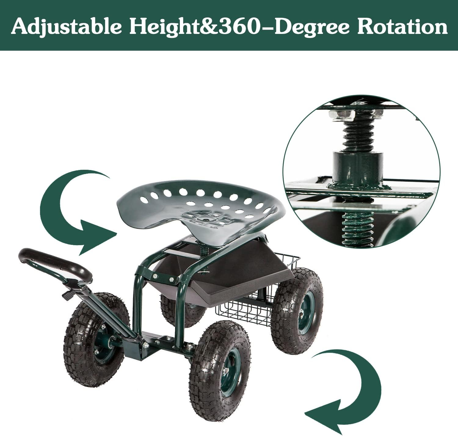 Rolling Garden Cart Scooter Stool - Garden Seat with Wheels Garden Cart with Seat, Adjustable Handle 360 Degree Swivel (Green)