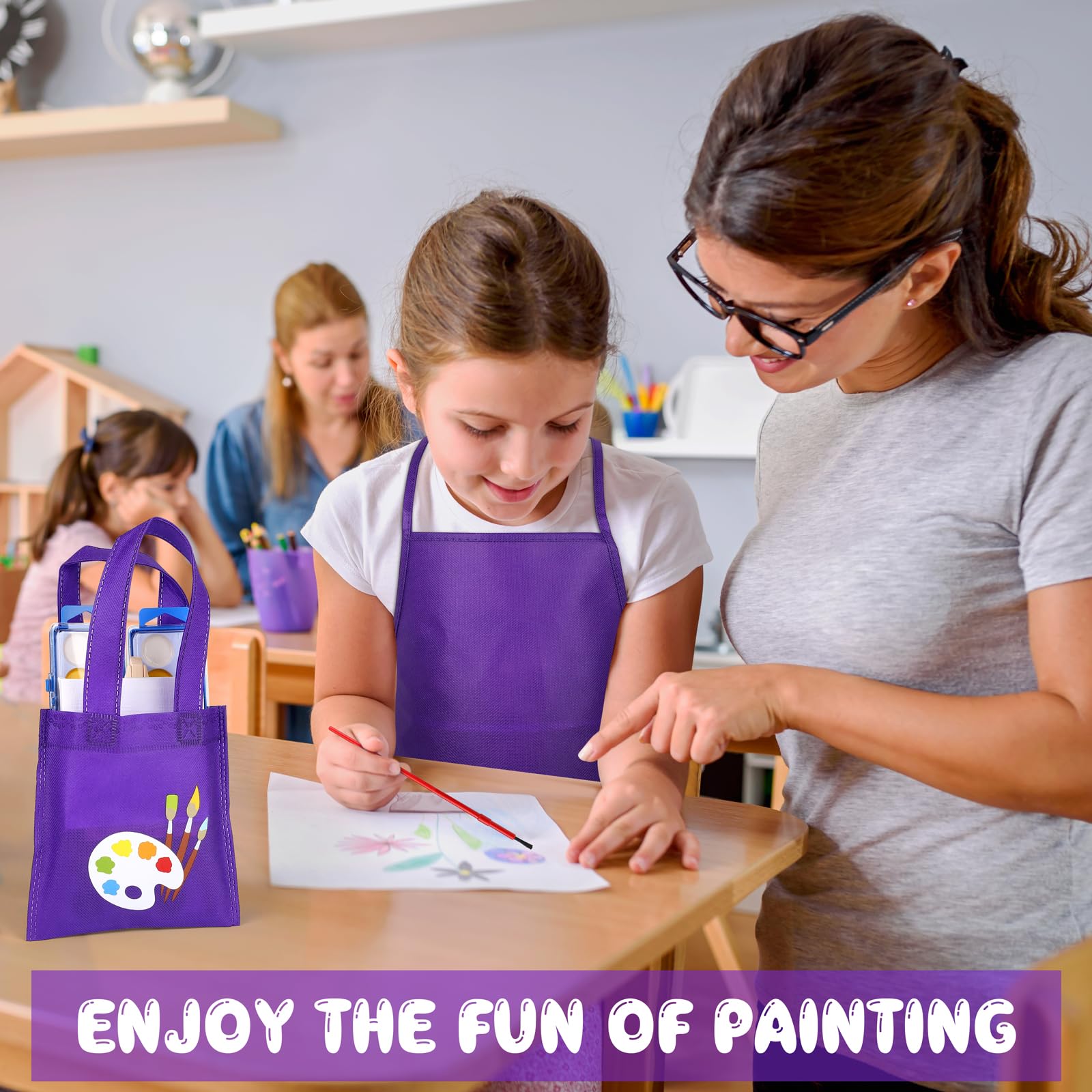 ADXCO Set of 24 Mini Watercolor Paints, 96 Pieces Mini Paint Set with 8 Colors Watercolor Paints, Mini Wood Easels, Canvas Bags, Aprons, Art Supplies for Painting Beginner