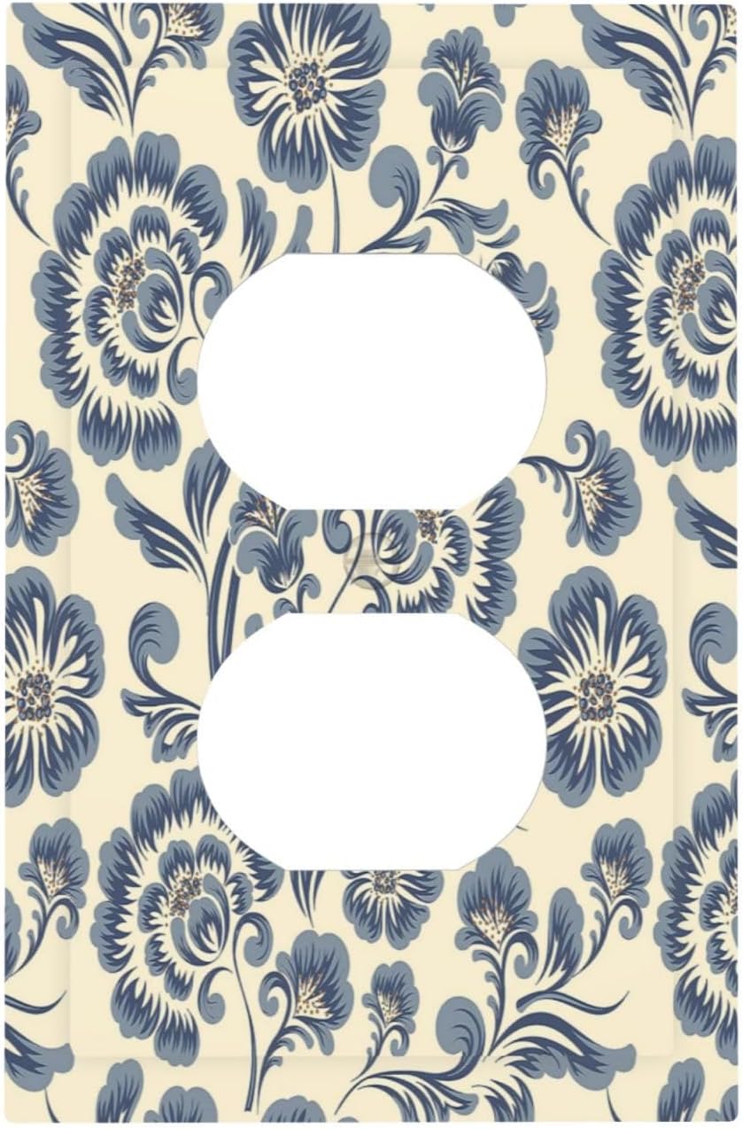 Blue Floral Damask 1 Gang Duplex Light Switch Cover Boho Flower Outlet Covers Wall Plate Decorative Beige Bohemian Electrical Receptacle Switchplate for European Iris Style Living Room Bedroom Decor