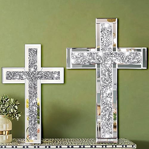 Miniatura 3 de Uaussi Cruz de cristal con espejo de diamante triturado, cruz de cristal para mesa de pared, 15.7 x 10 pulgadas, decoración decorativa del hogar,