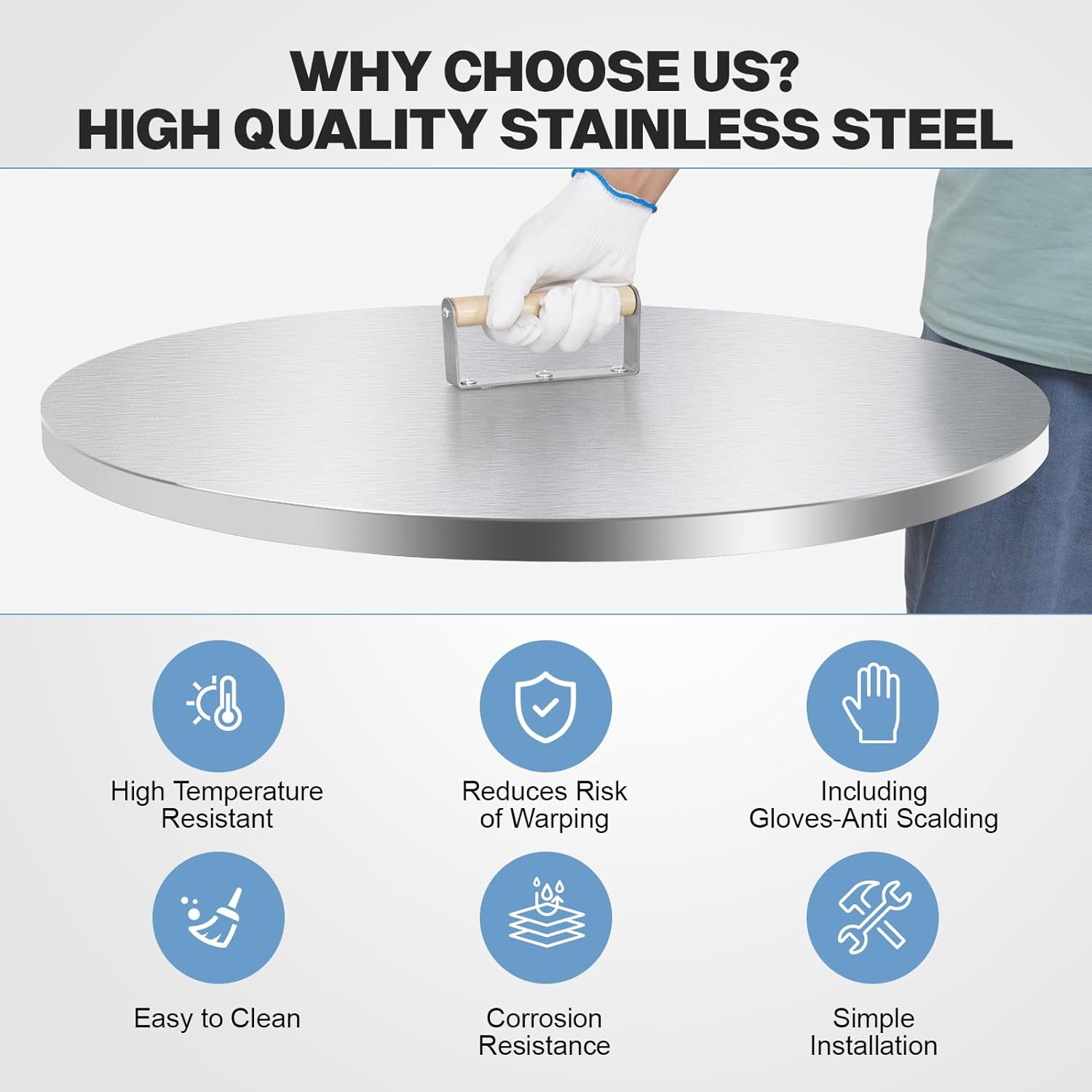 Fire Pit Lid Cover Round - 28 Stainless Steel Rust Resistant Firepit Cover or Table with A Wooden Handle for Patio Fire Pit, Weatherproof for All Seasons, Fits Fire Pits Up to 26