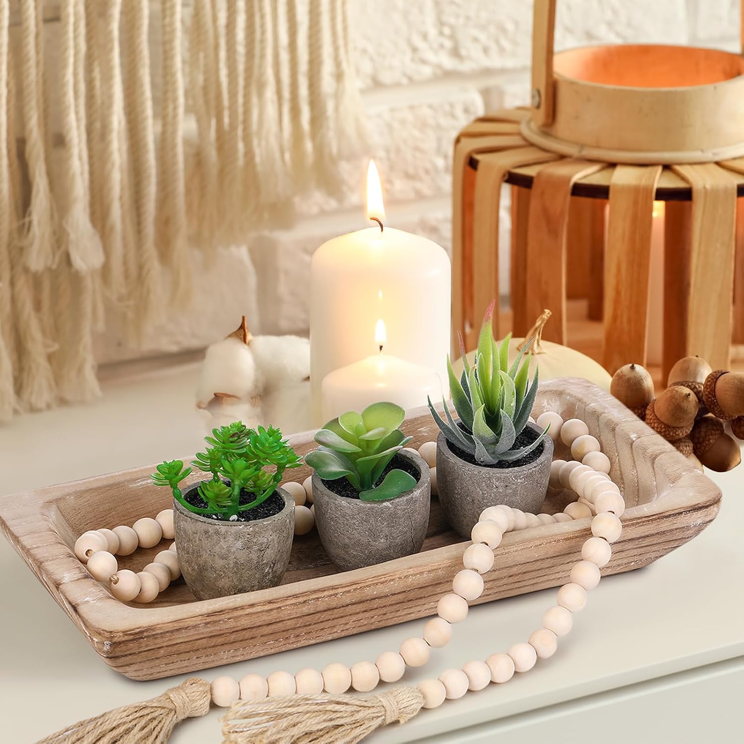 Teenyyou 17 Pcs Wooden Centerpiece Table Decorations Wood Dough Bowl Wicker Rattan Balls Beads String with Tassel Natural Decorative Tray Rustic Bowl Filler for Dining Room Kitchen(White)