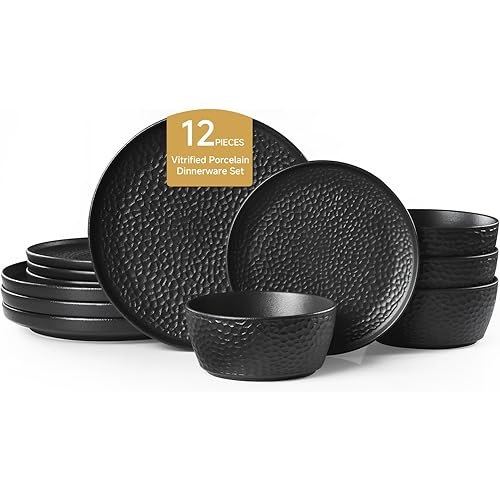 KINGSTONE Ceramic Dinnerware Set, 12-Piece Porcelain Plates and Bowls Set for 4, Matte Black or White, Hammered Texture, Microwave, Dishwasher & Oven Safe, Perfect for Home, Weddings & Gifts