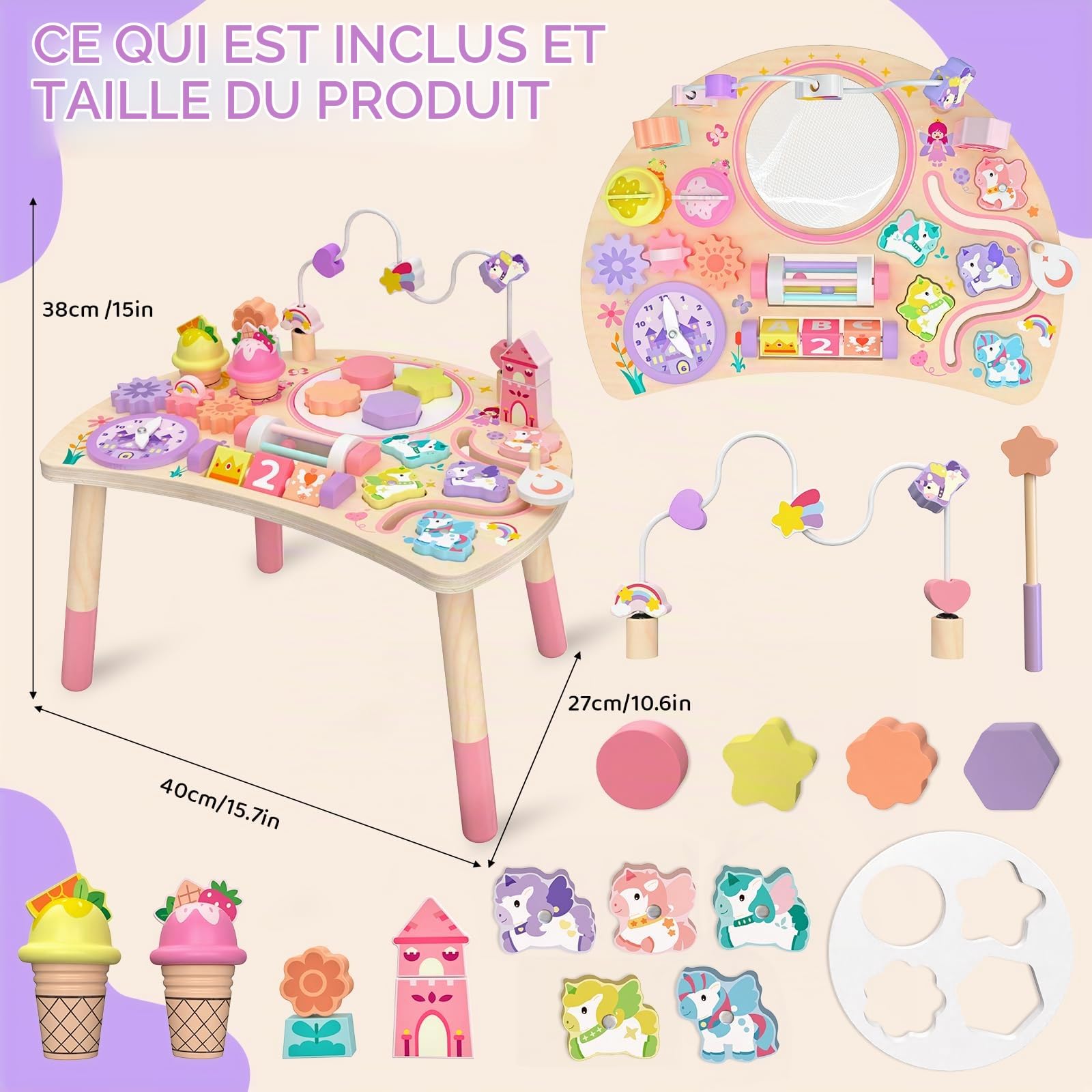 Table d'Activité Montessori en Bois 10 en 1 Licorne dès 18 Mois | Manipuler, Trier, Tourner et écouter Aide la Motricité Fine Dans Les Jeux Quotidiens