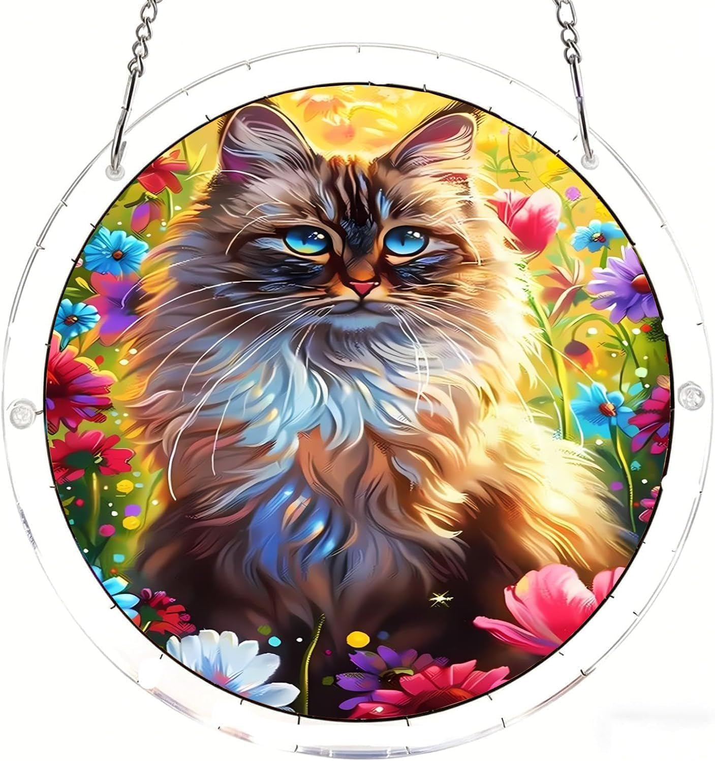 The Cat Sitting Among Flowers Acrylic Jigsaw Puzzles Suncatcher, 8.2 Inch Window Hanging Suncatcher Acrylic Puzzle, DIY Home Decor Art Gift