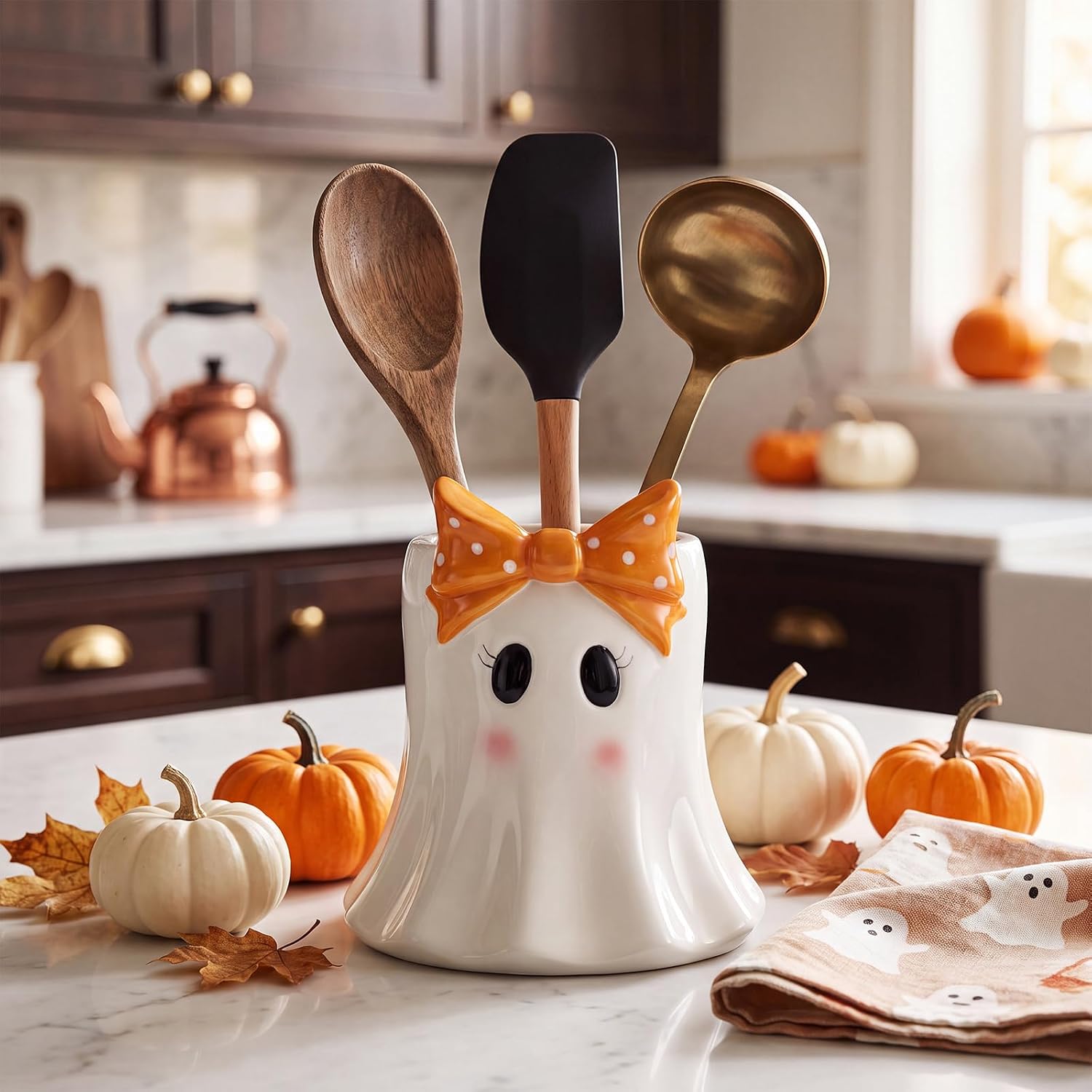 Yungyan Ceramic Bow Ghost Utensil Holder for Kitchen Halloween Accessories